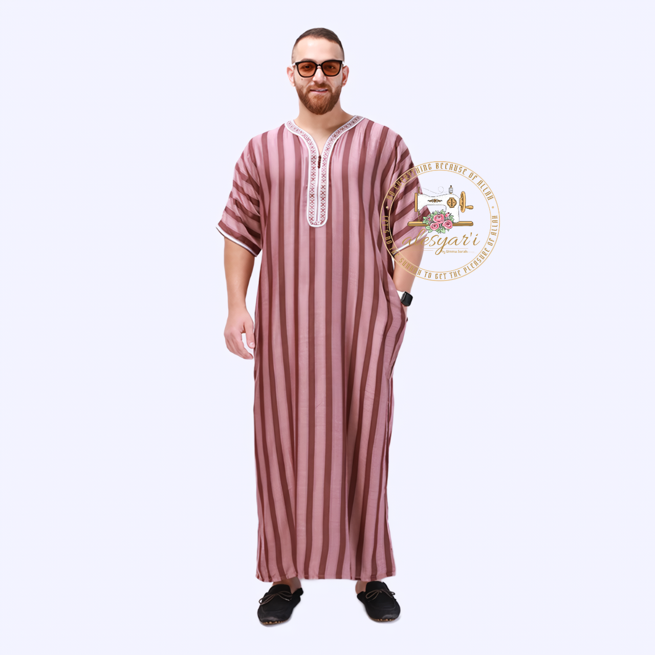 Alesyari Shop I New Muslim Jubba Thobe: Short Sleeve, Striped Design for Traditional Comfort