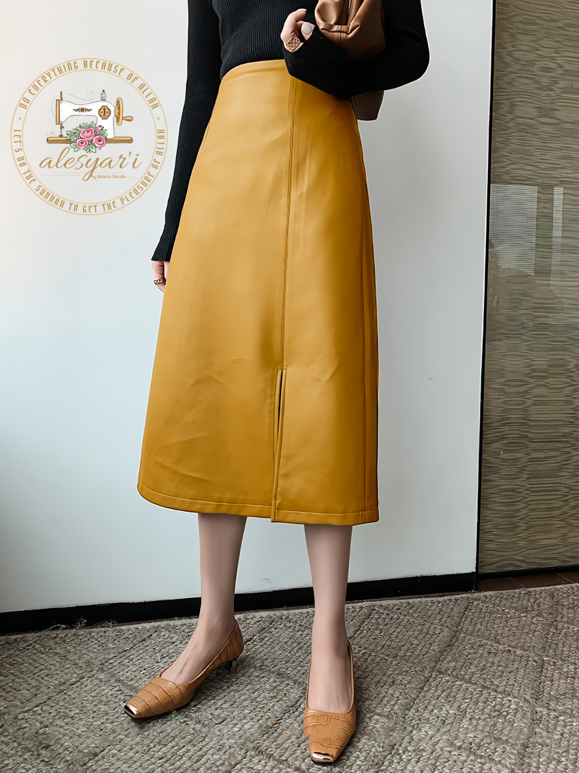 Alesyar'i Shop I Sunny Elegance: High-Waisted Midi Skirts in Yellow and Black Soft Leather with Zipper Closure - Long, Straight Style for Women