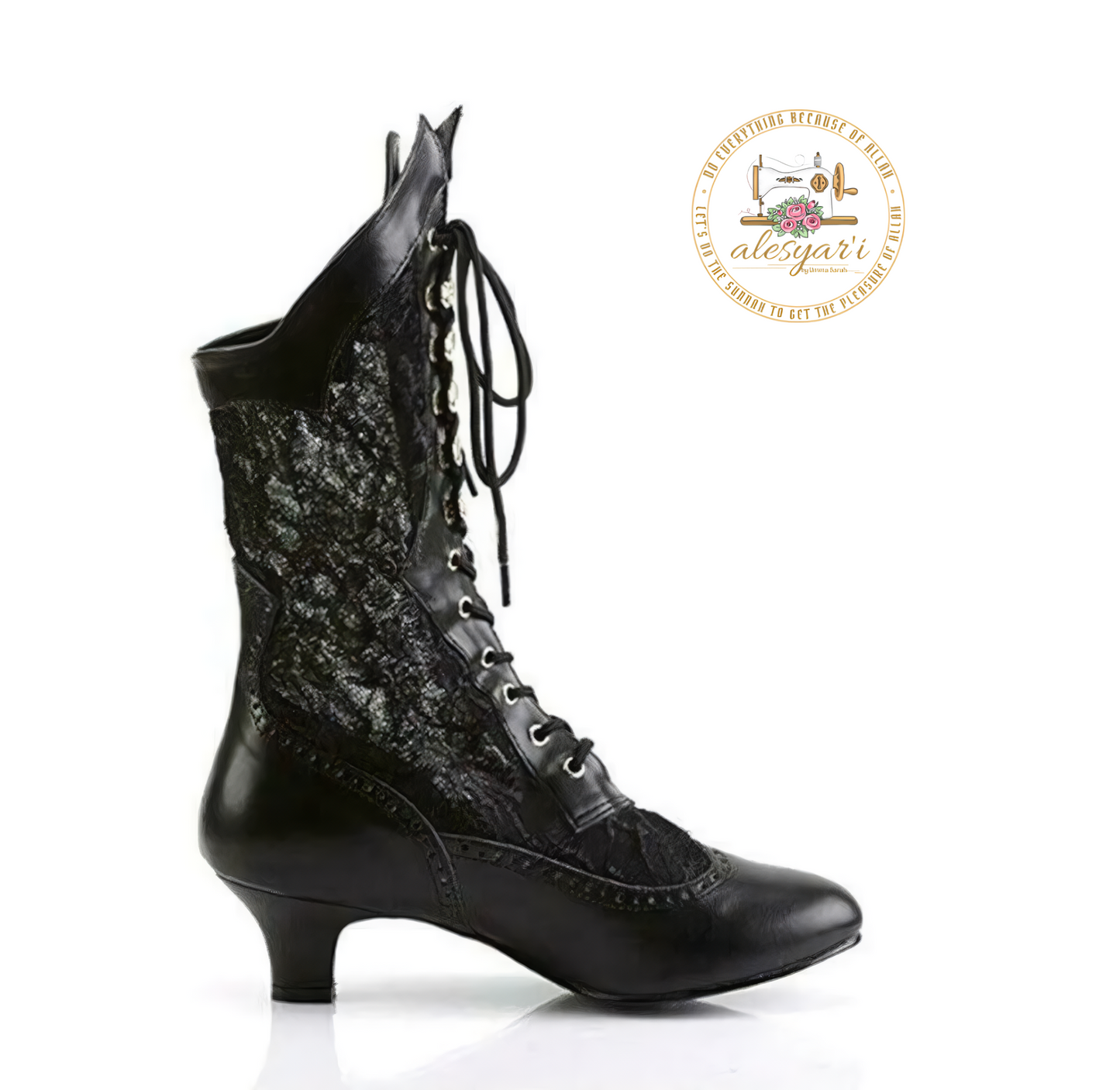 Alesyari Shop I Chic Rebellion: Pointed Toe Mid-Calf Leather Boots for Women with Lace Hollow Out, Punk Lace-Up Style, and Uniquely Strange High Heels