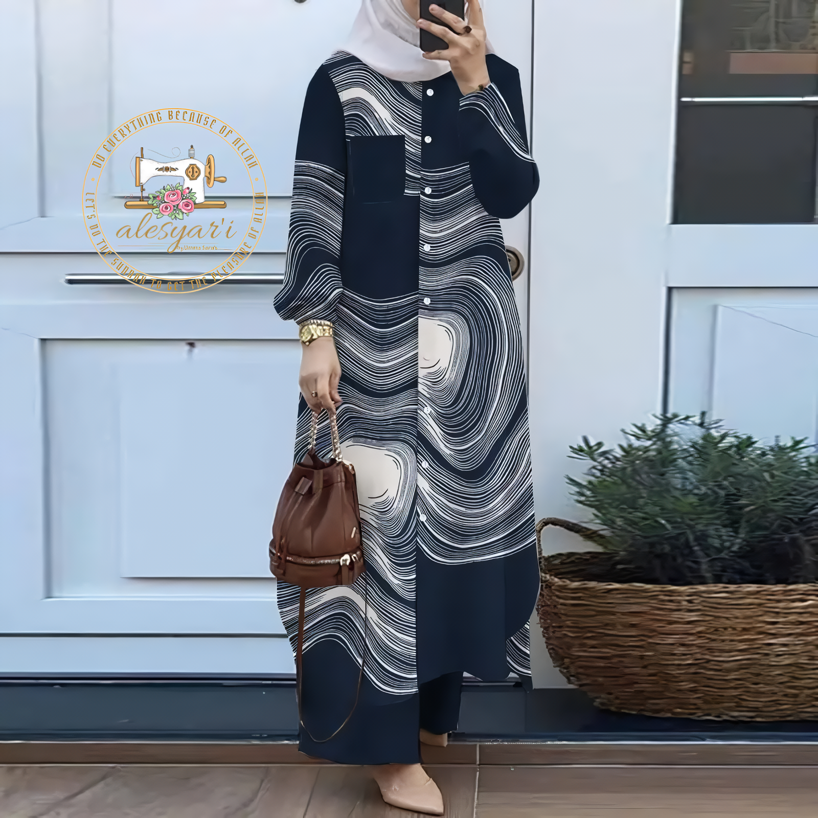 Alesyari Shop I Chic Muslim Fashion: Eid Mubarak 2-Piece Abaya Ensemble with Loose Pants, Long Sleeve Button Blouse, and Vintage Print