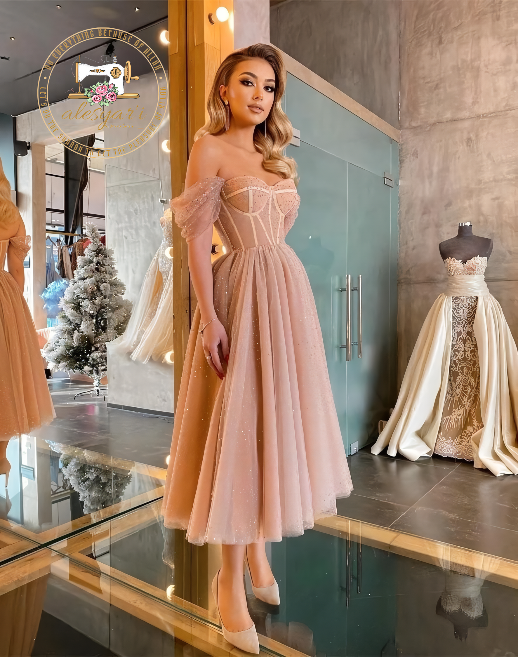 Alesyari Shop I Sparkling Elegance: Off-the-Shoulder Champagne Sequins Prom Dress with Mid-Length and Shiny Crystal Embellishments for a Stunning Short Evening Look