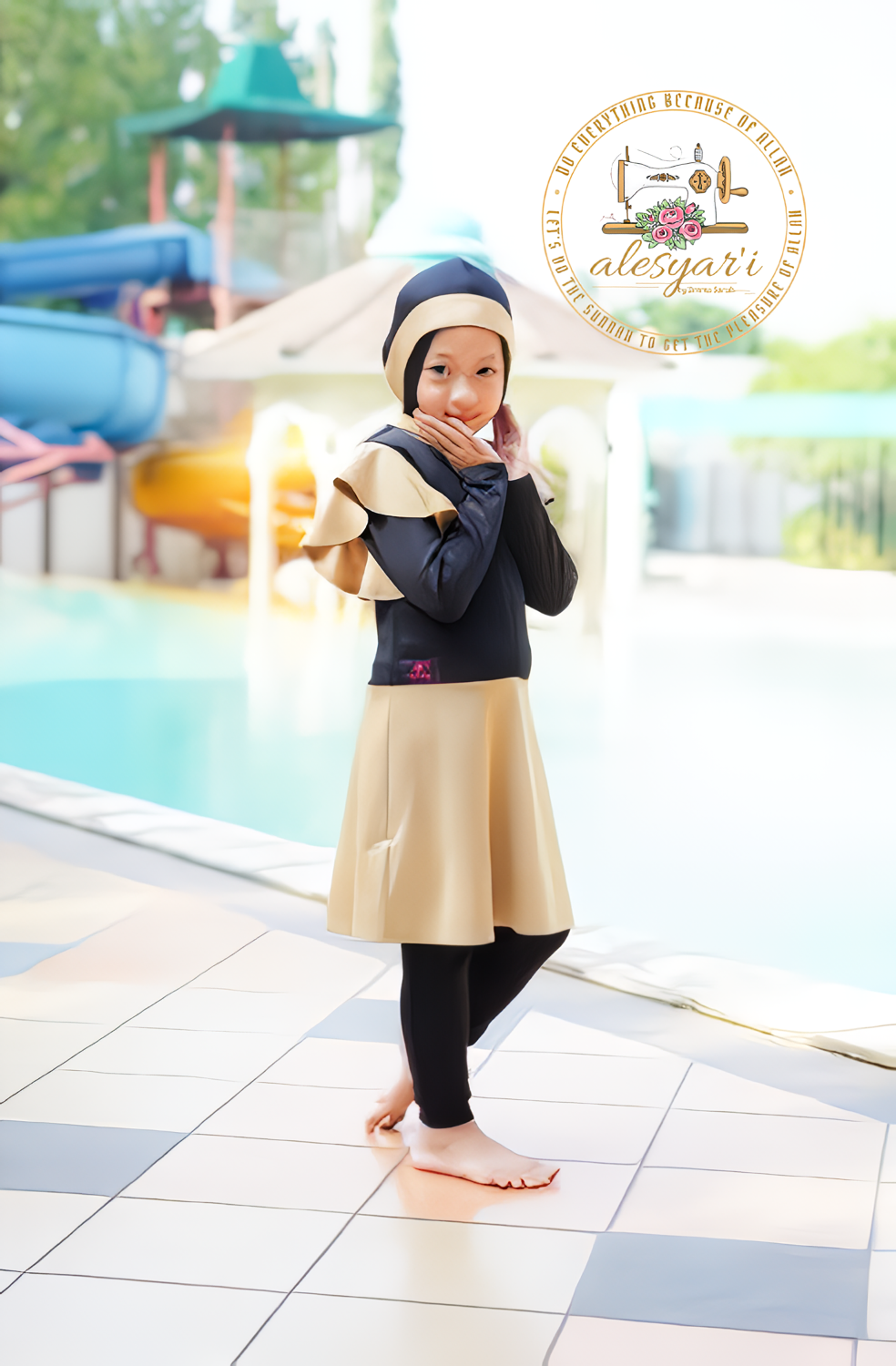 Alesyari Shop I Original Muslimah Swimwear for Kids Modest Swimsuit with Chest Layer and Skirt Overall Jumpsuit