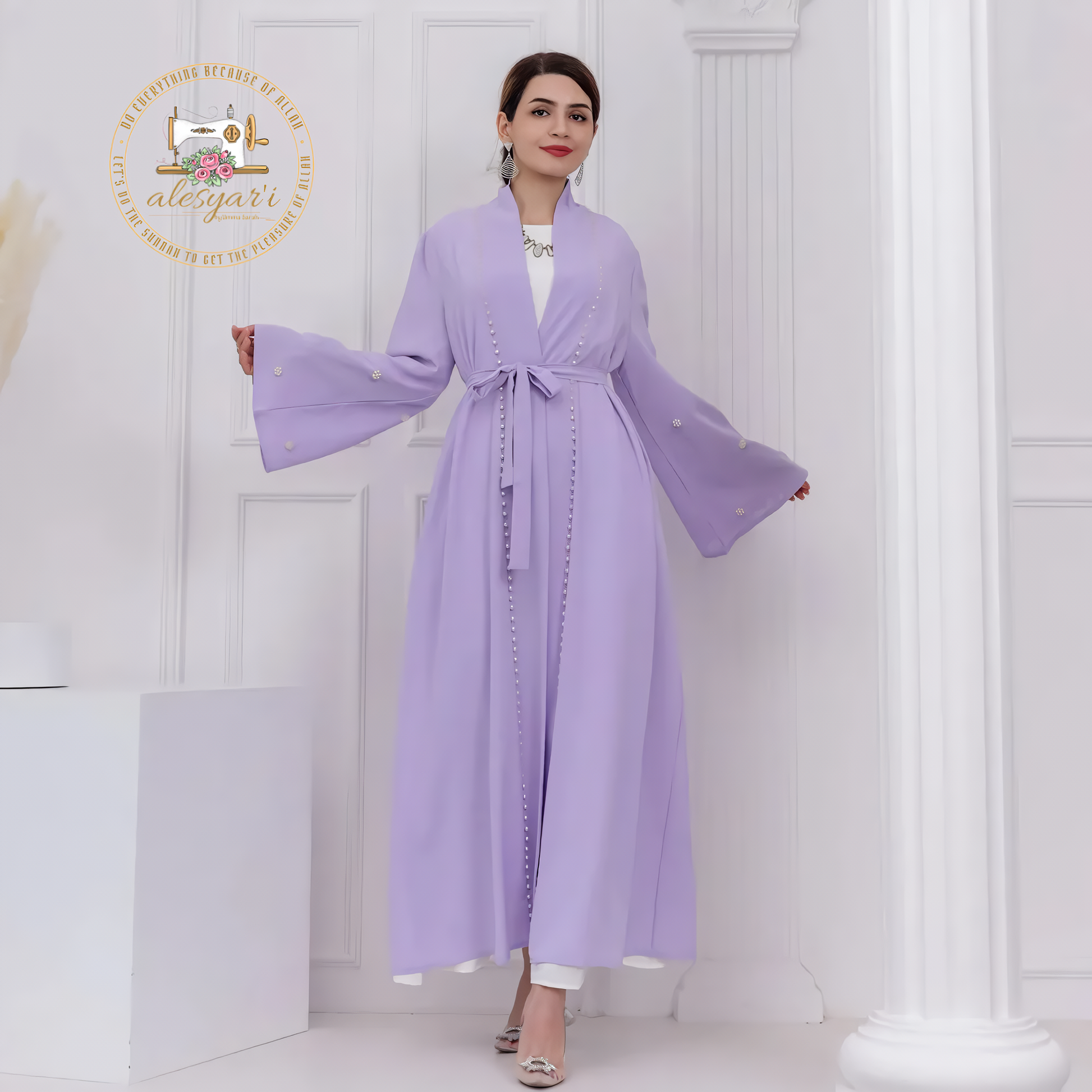 Alesyari Shop I Purple Majesty Luxurious Open-Front Muslim Abaya Kimono with Intricate Embellishments