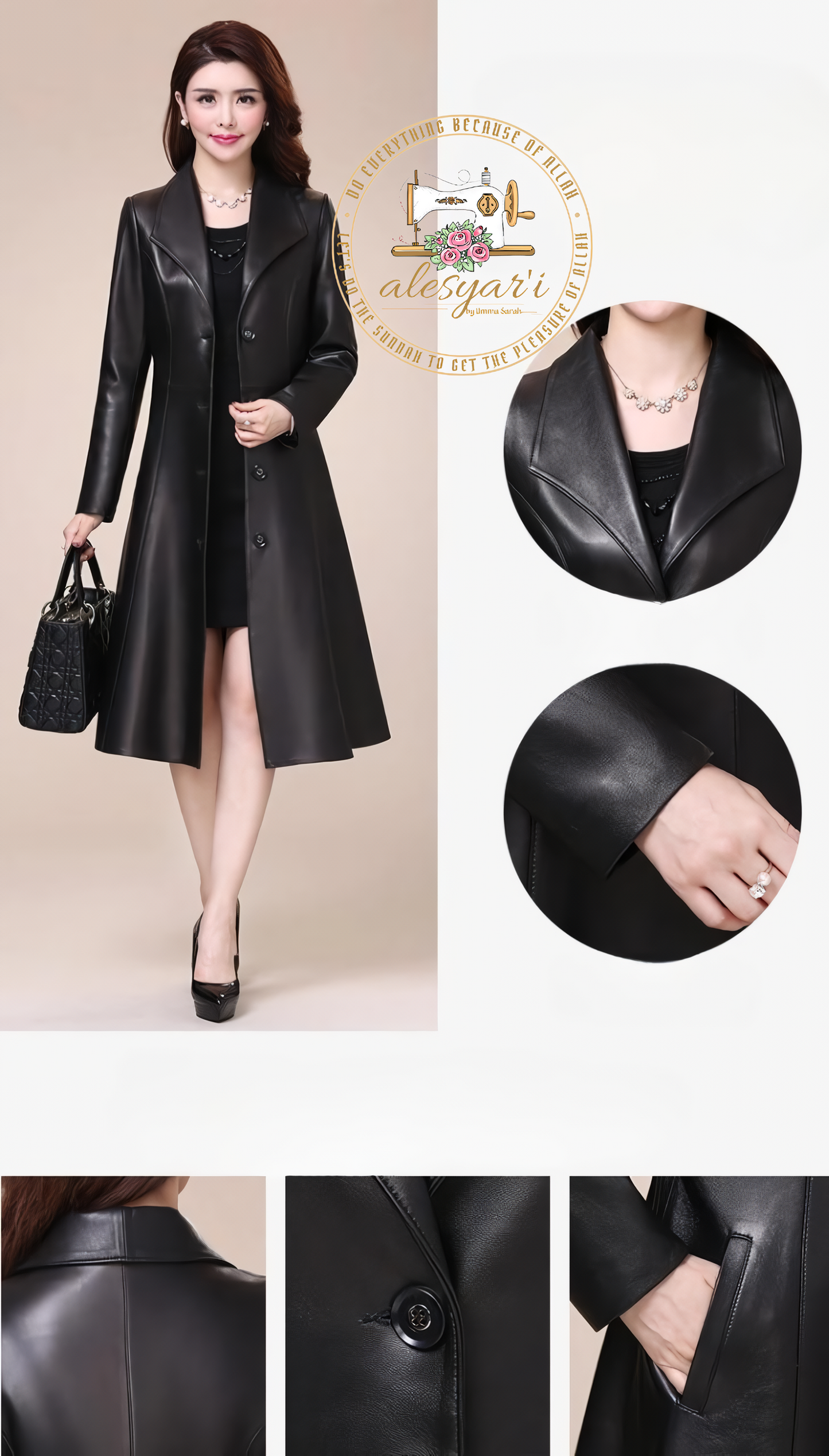 Alesyari Shop I Elegance Unveiled: Embrace Spring and Autumn in Our Long Black Soft Faux Leather Coat – A Stunning Jacket for Women