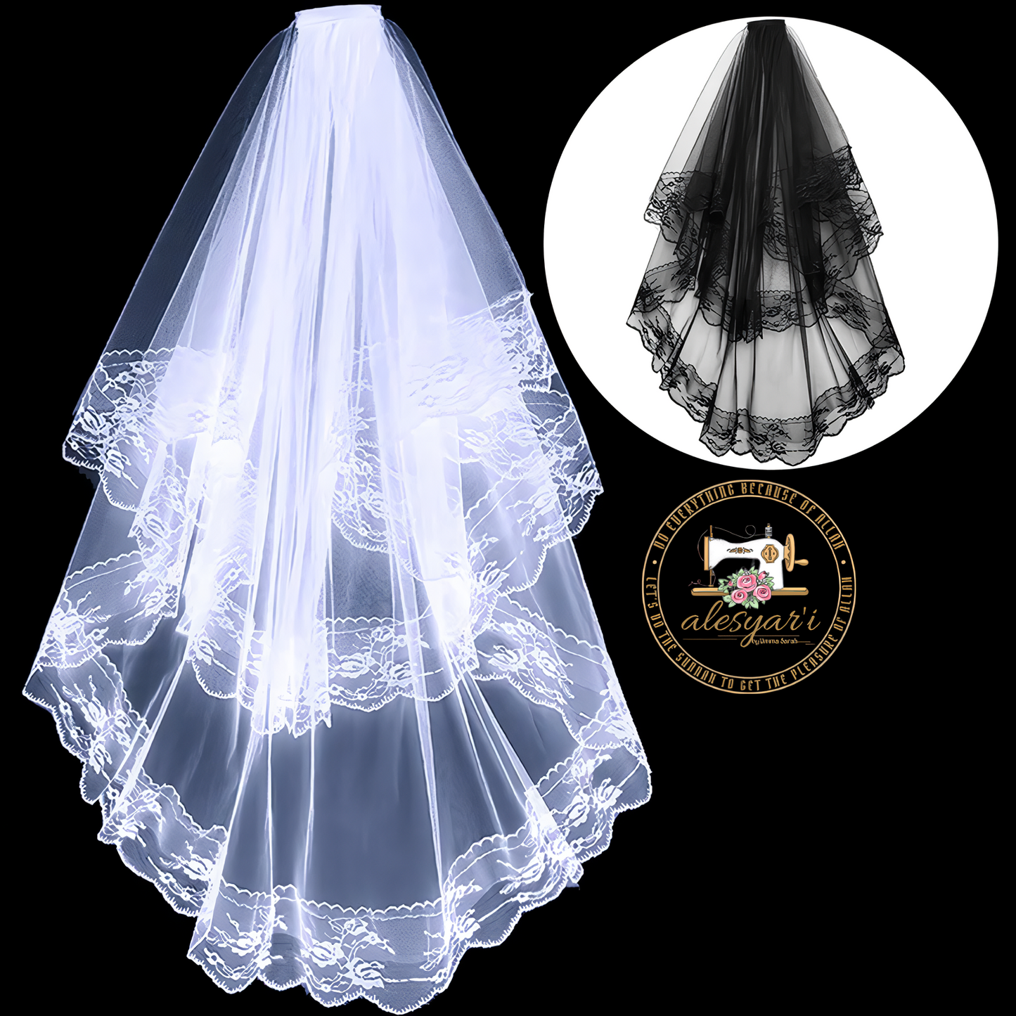 Alesyari Shop I Short Two-Layer Black and White Lace Bridal Veils with Comb – Ideal for Brides, Cosplay, and Vintage-inspired Wedding Elegance