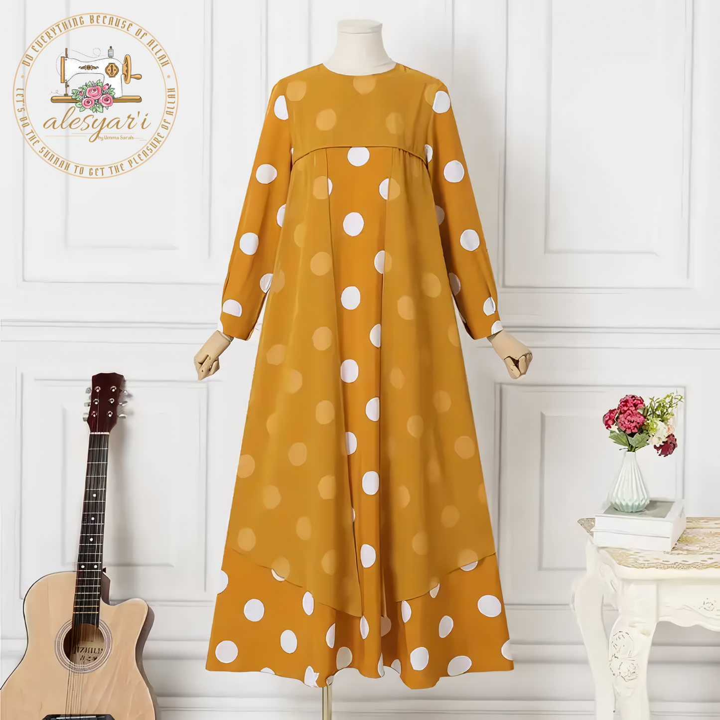 Alesyari Shop I Women Muslim Polka Dots Printed Dress Elegant O-Neck Long Sleeve Sundress Casual Loose Robe Femme Turkey Abaya