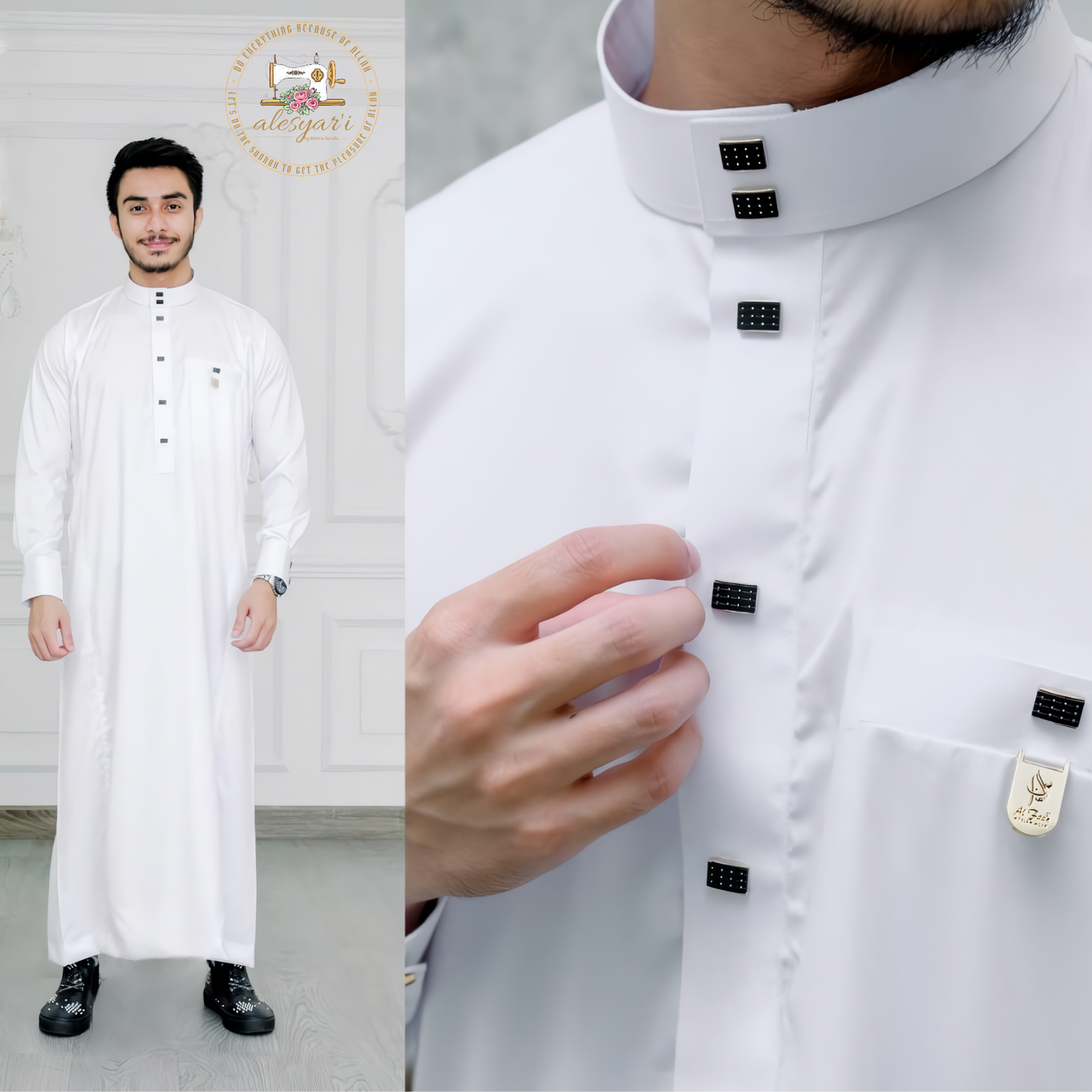 Alesyari Shop I Slimfit Muslim Clothing Contrast Color Muslim Dress Middle East Jubba Thobe Men Robe w/ Long Sleeves Mandarin Neck