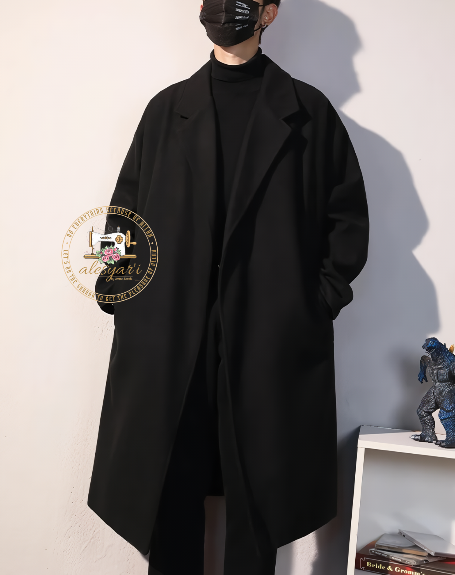 Alesyari Shop I Winter Elegance: Stylish Men's Black Wool Overcoat, Long Padding Coat, and Cardigans