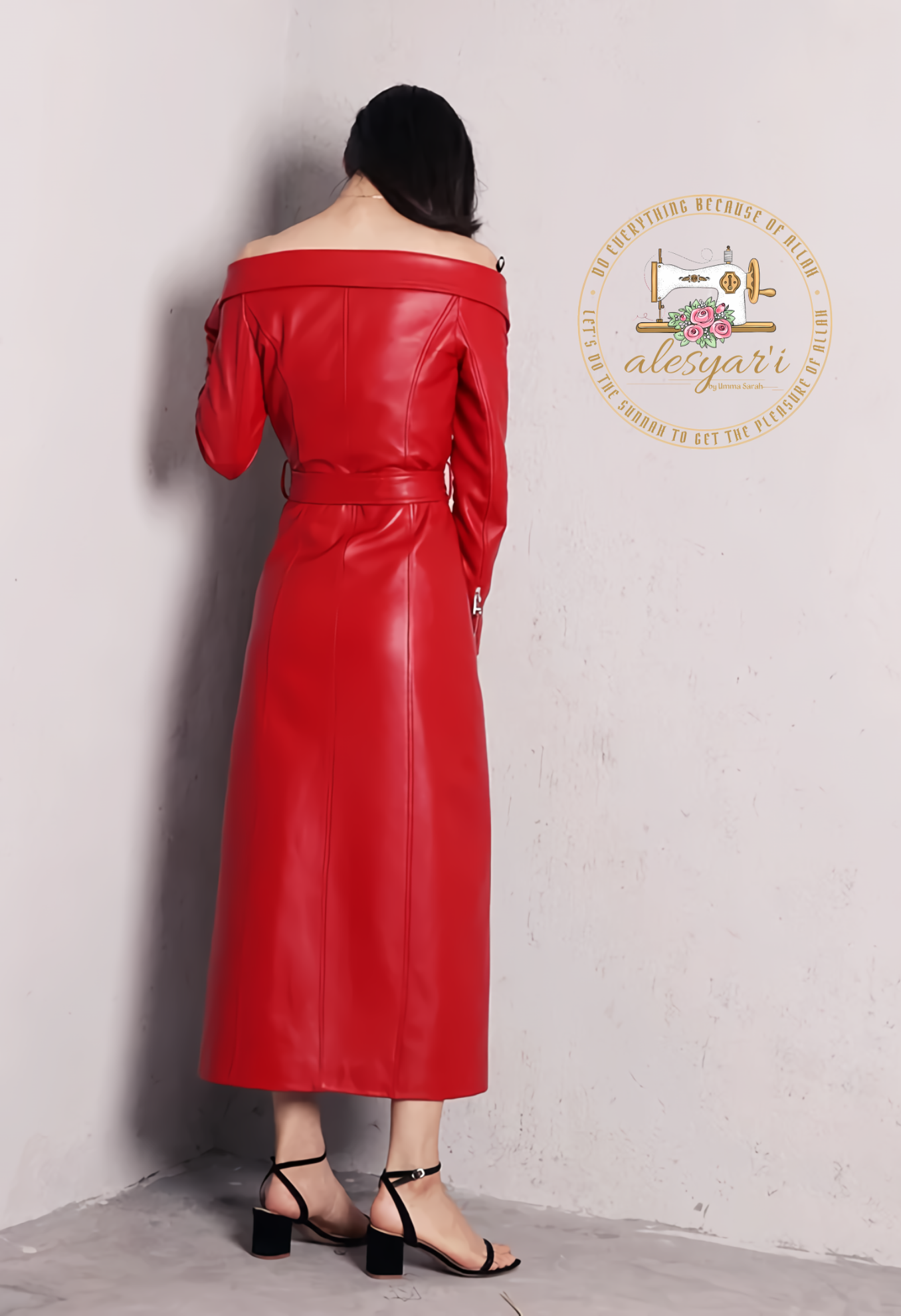 Alesyari Shop I Elegant Slash Neck Maxi Dresses in Red and Black PU Leather for Women - Perfect for Spring and Autumn Runway Style with Long Sleeves