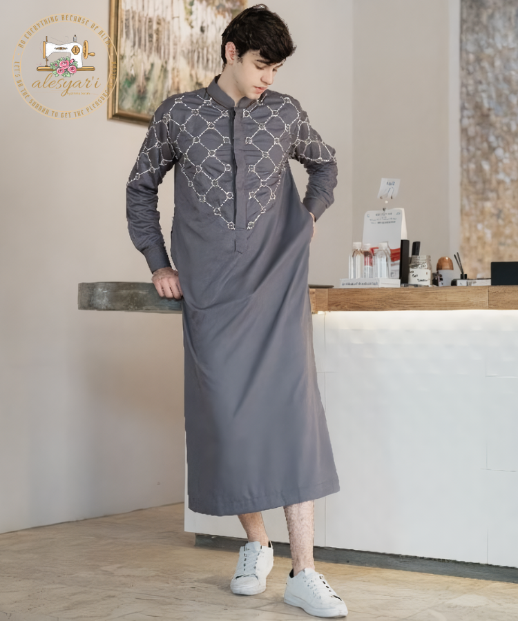 Alesyari Shop I Men's Embroidered Jubba Thobe Kaftan: Traditional Elegance