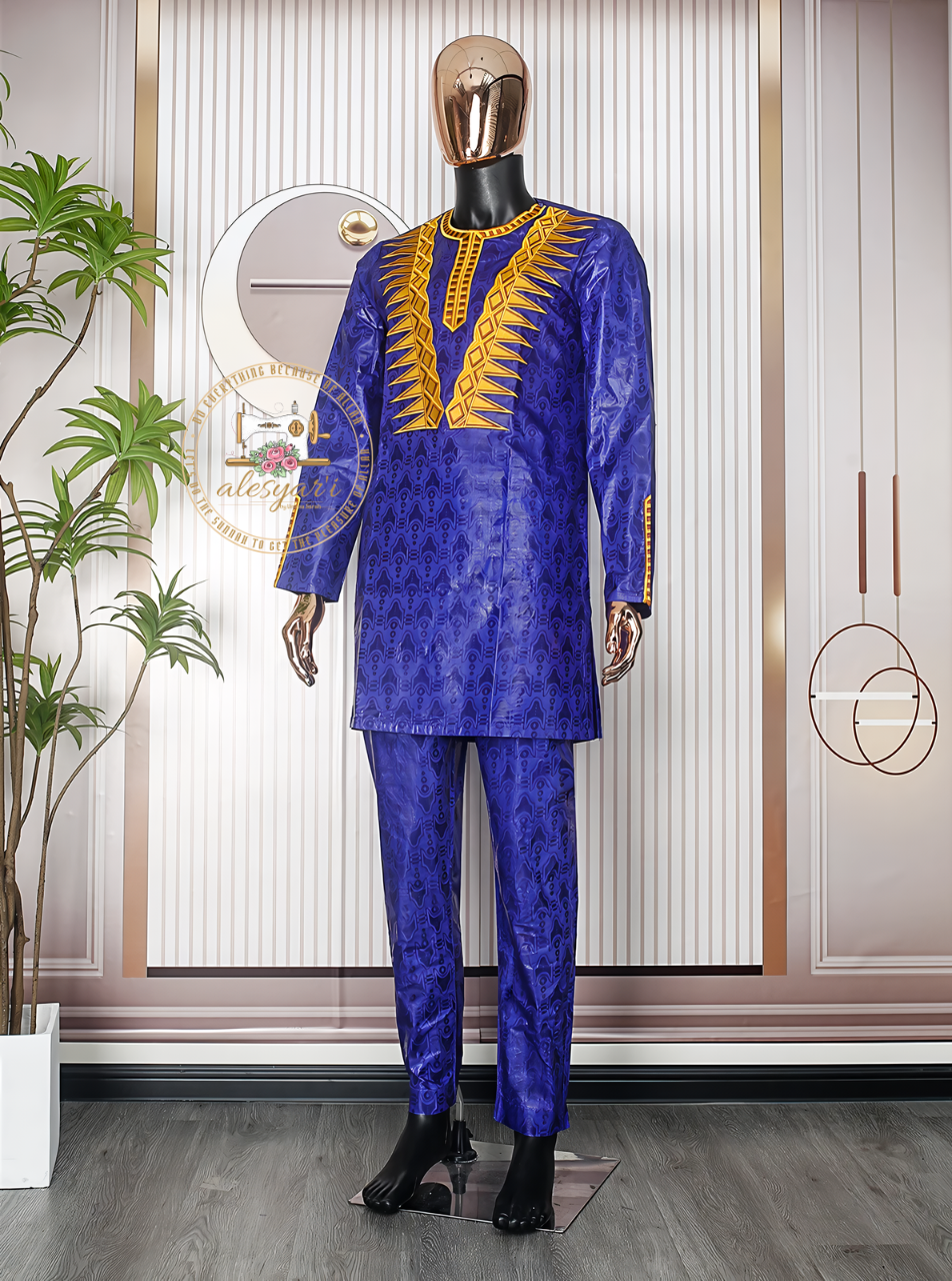 Alesyari Shop I Traditionally Inspired: Blue Embroidered 2-Piece Set for Men – Bazin Top and Pants Perfect for Muslim Wedding Parties and Dashiki Events