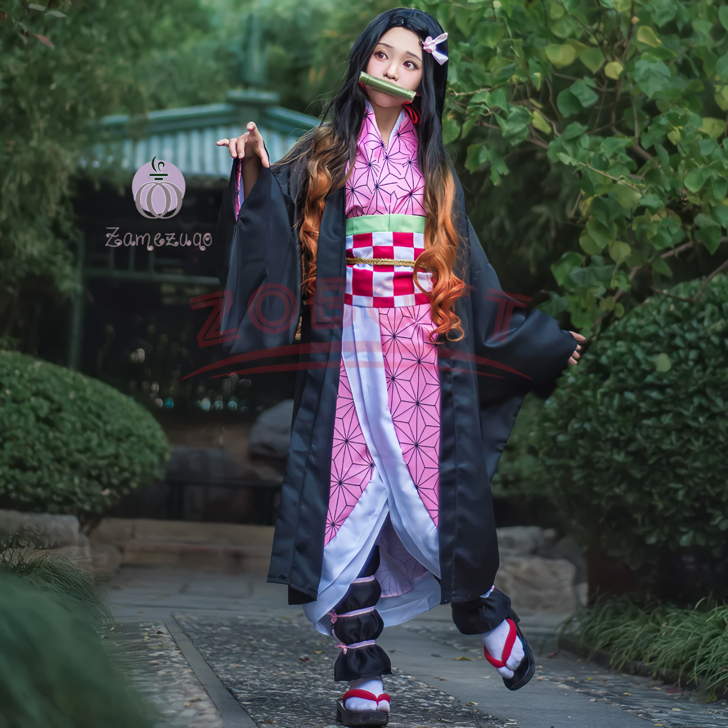 Alesyari Shop I Anime Demon Slayer Nezuko Cosplay Costume Kimono Kimetsu No Yaiba Kamado Nezuko Costume Wig Womens Girls Kimono Uniform Clothes