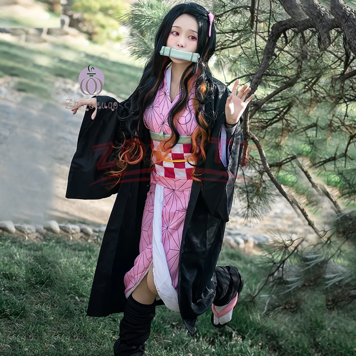 Alesyari Shop I Anime Demon Slayer Nezuko Cosplay Costume Kimono Kimetsu No Yaiba Kamado Nezuko Costume Wig Womens Girls Kimono Uniform Clothes