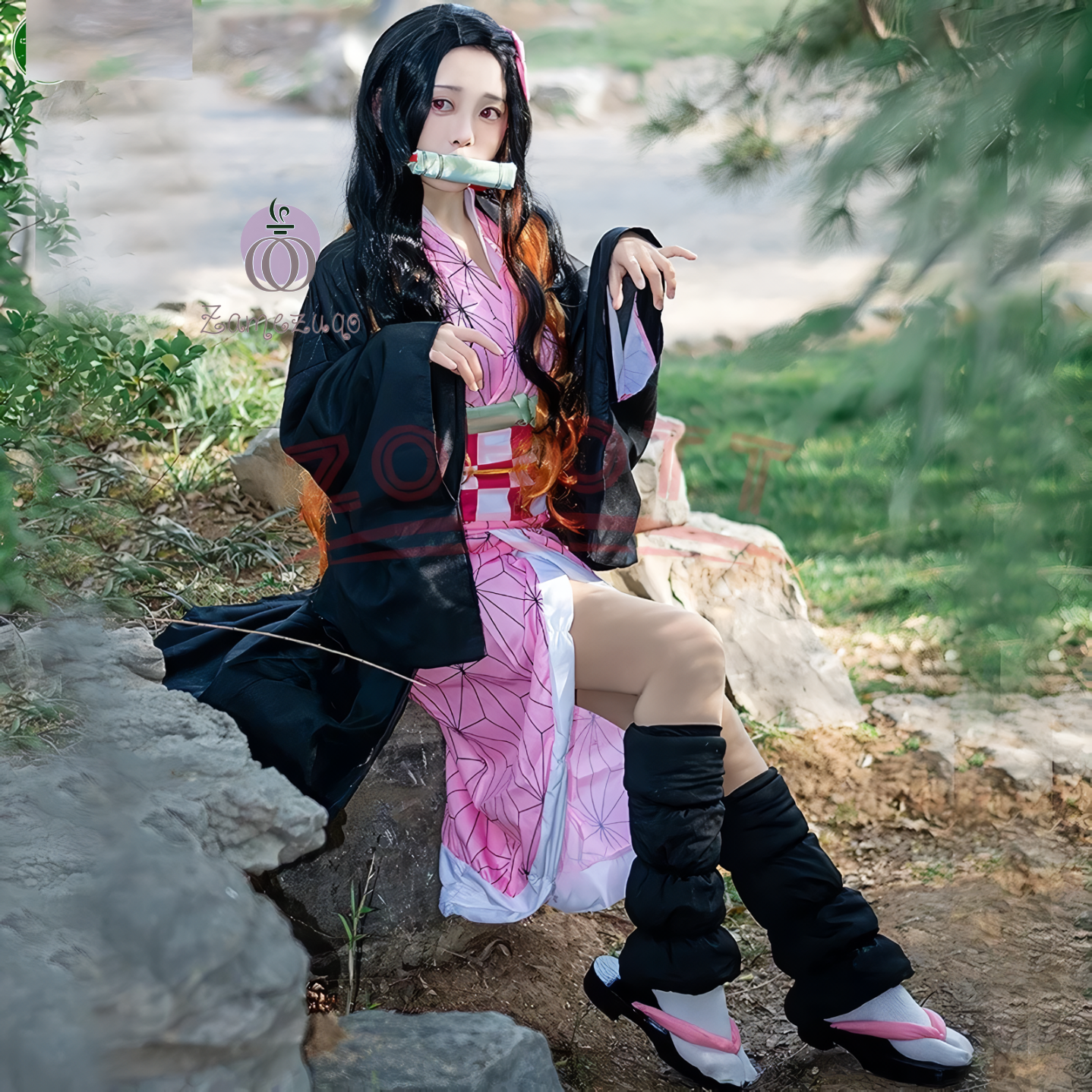 Alesyari Shop I Anime Demon Slayer Nezuko Cosplay Costume Kimono Kimetsu No Yaiba Kamado Nezuko Costume Wig Womens Girls Kimono Uniform Clothes