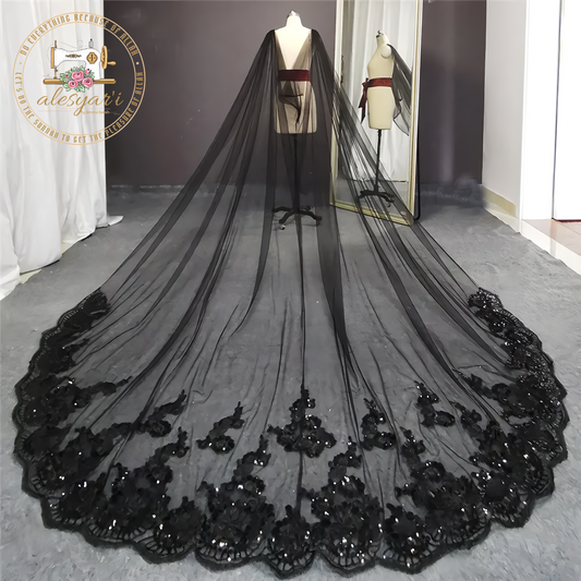 Alesyari Shop I Real Photos Black Long Wedding Bling Sequins Lace Cathedral Bridal Cape Marriage Wedding Accessories Shoulder Veil