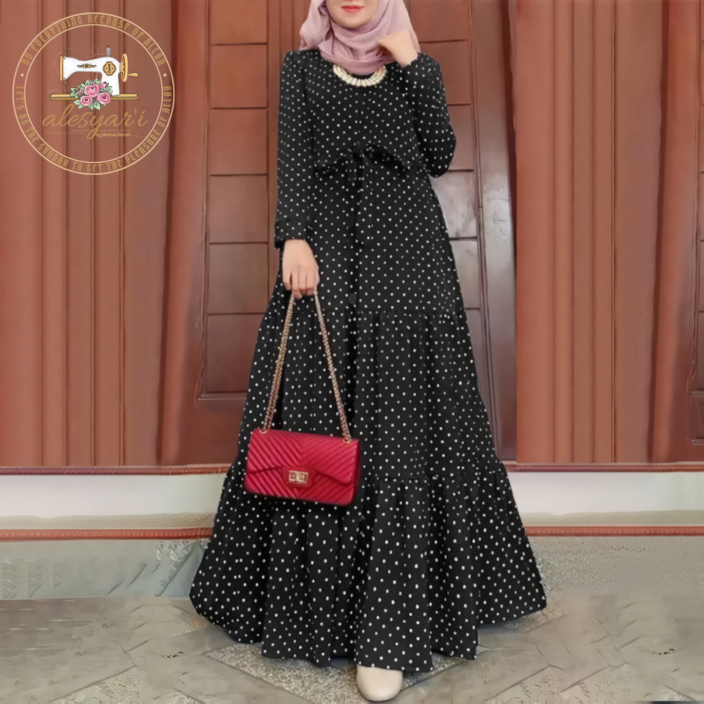 Alesyari Shop I Women Polka Dot Long Sleeve Dress Stylish Belts Party Robe Loose Maxi Dress Muslim Kaftan Sundress Morocco Abaya Hijab