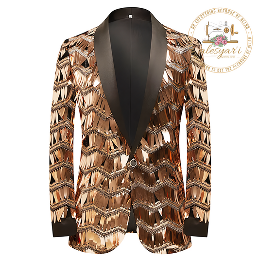 Mens Luxury Wave Striped Gold Sequin Blazer Jacket Shawl Lapel One Button Shiny Wedding Party Suit Jackets Dinner Tuxedo Blazer