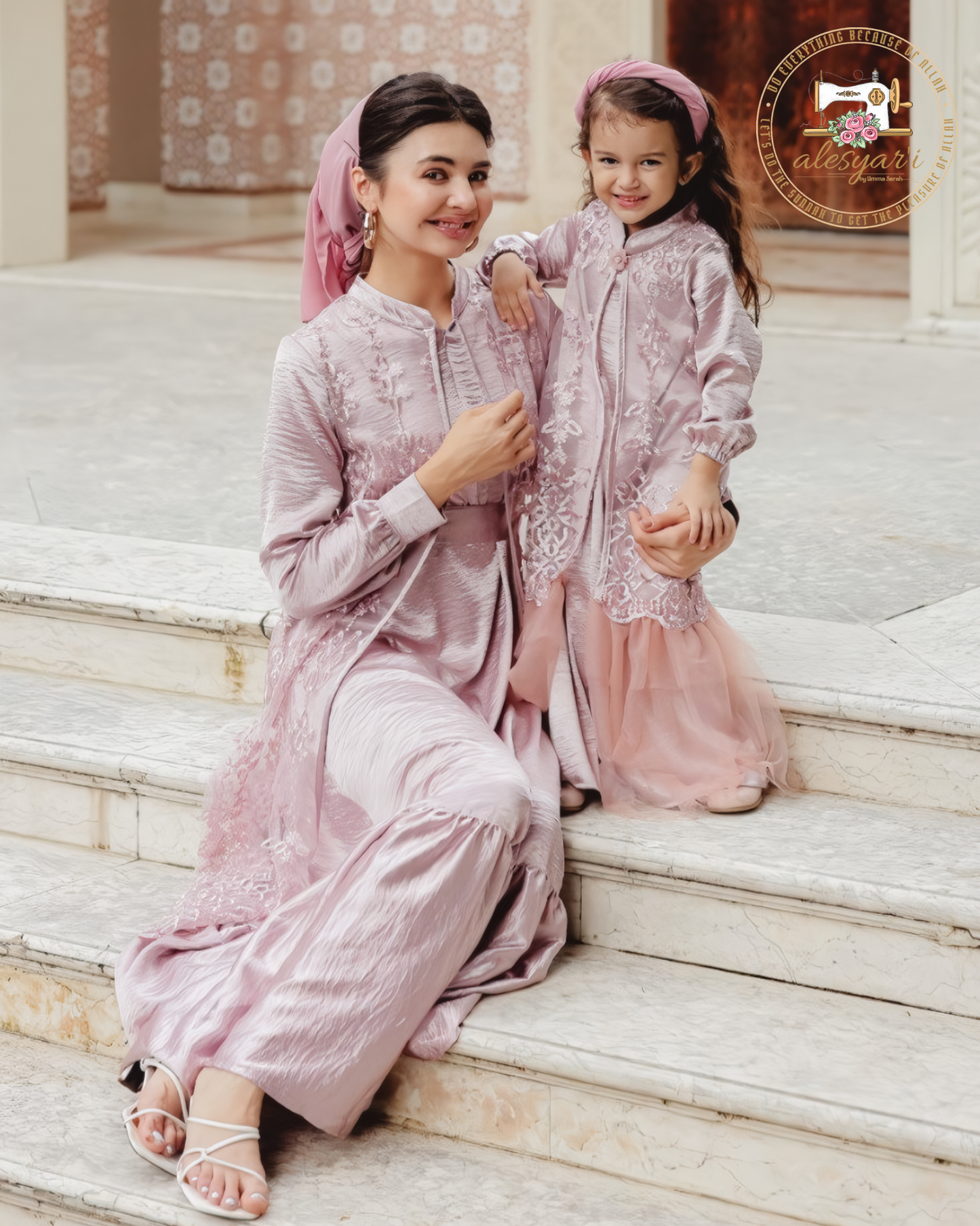 Fashion Family Matching Clothes Mother Daughter Dresses Sage Green Rose Gold Abaya Kids Mom