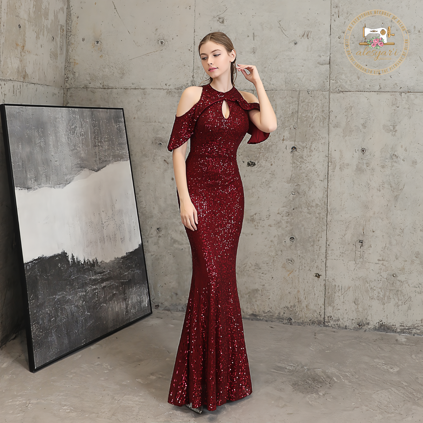 Alesyari Shop I Temperament And Elegant New Banquet Evening Dress Long Short Sleeve Sequined Queen Mermaid Evening Gown