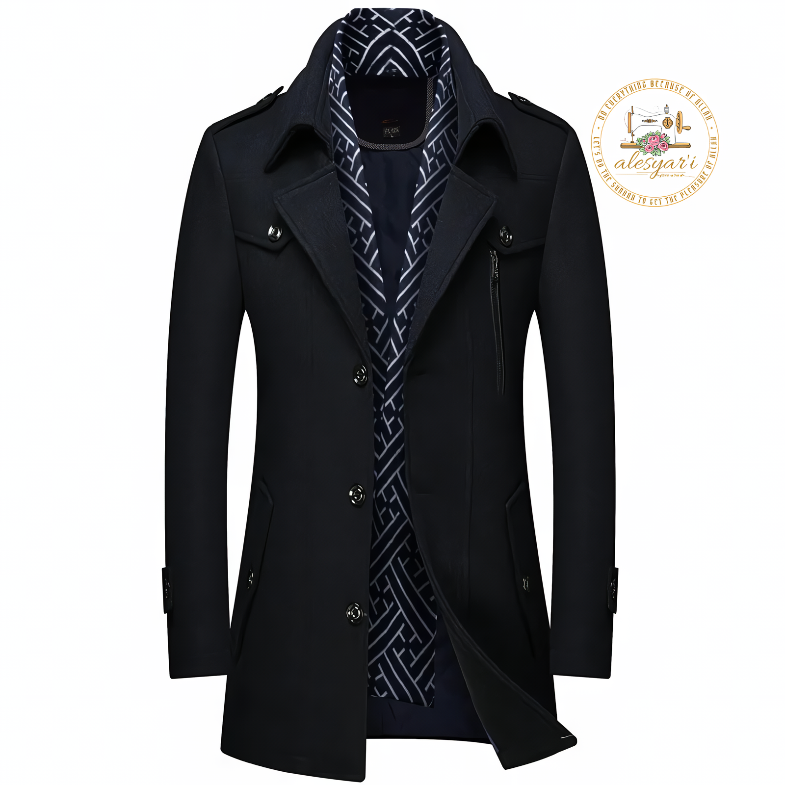 Alesyari Shop I Men's Winter Woolen Coats: Stylish Mid-Length Trench with Thickened Design, Solid Tone, Turn-Down Collar, and Warm Outerwear for Business Casual Style