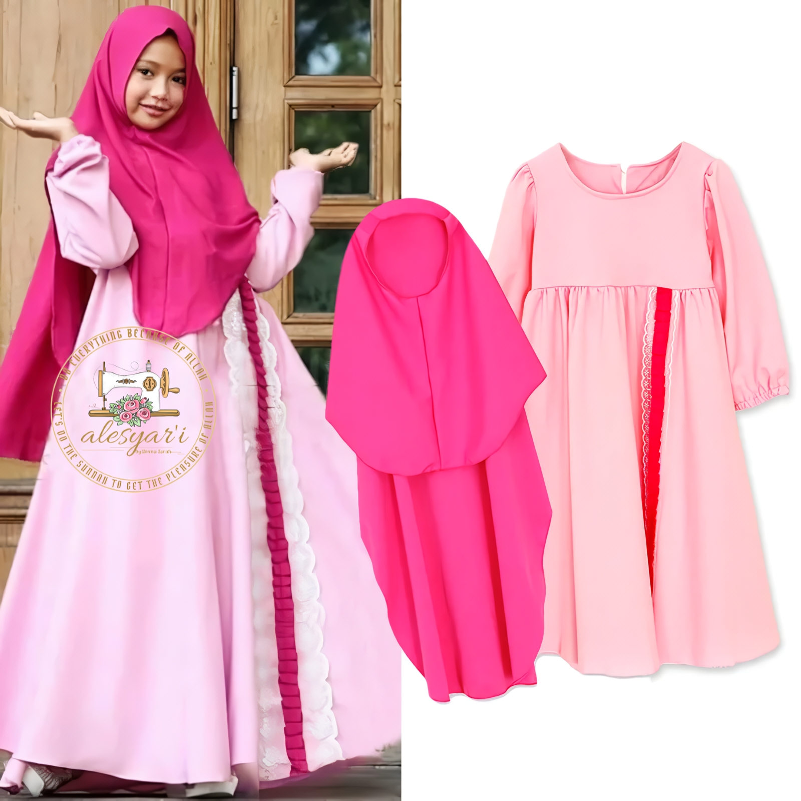 Alesyari Shop I Kids' Kaftan Abaya with Hijab – Graceful Islamic Attire for Young Muslim Girls