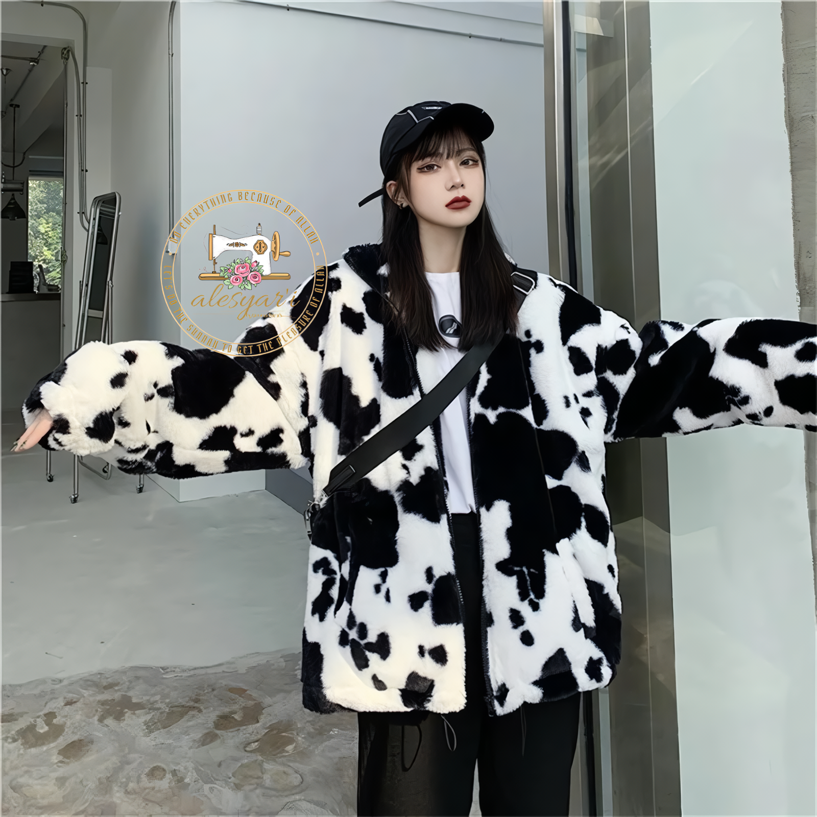 Alesyari Shop I Winter Elegance :  into Style with Our Leather Jacket, Showcasing Playful Cow Prints and in Harajuku Chic