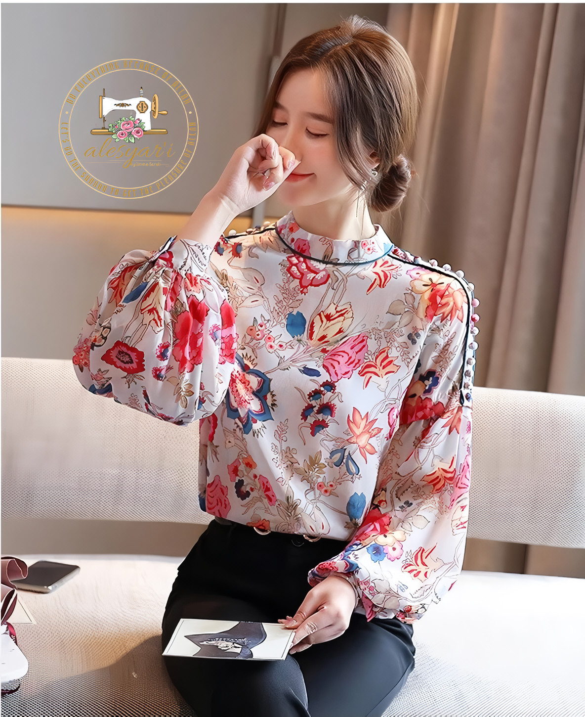 Alesyari Shop I Chic Chiffon Elegance: Women's Print Blouse with Long Sleeves - Stylish Tops for Fashionable Wardrobe