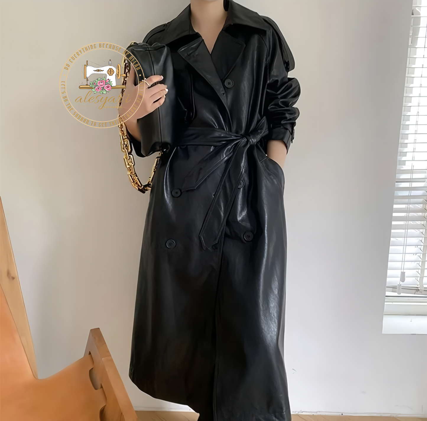 Alesyari Shop I Chic Double-Breasted Leather Long Coat with Belt and Long Sleeves for Women