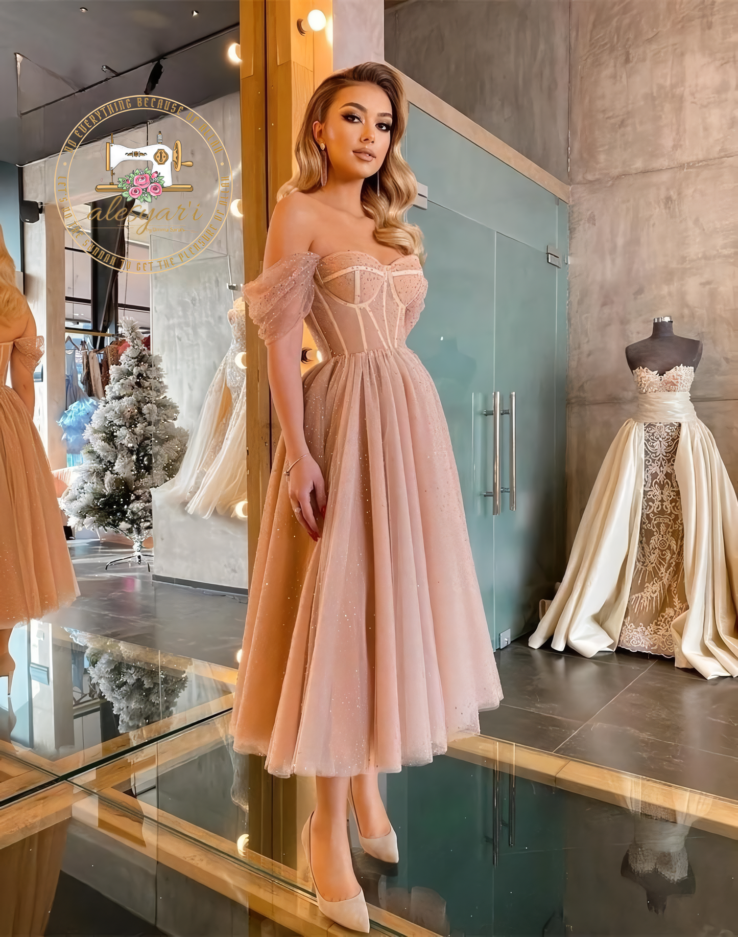 Alesyari Shop I Sparkling Elegance: Off-the-Shoulder Champagne Sequins Prom Dress with Mid-Length and Shiny Crystal Embellishments for a Stunning Short Evening Look