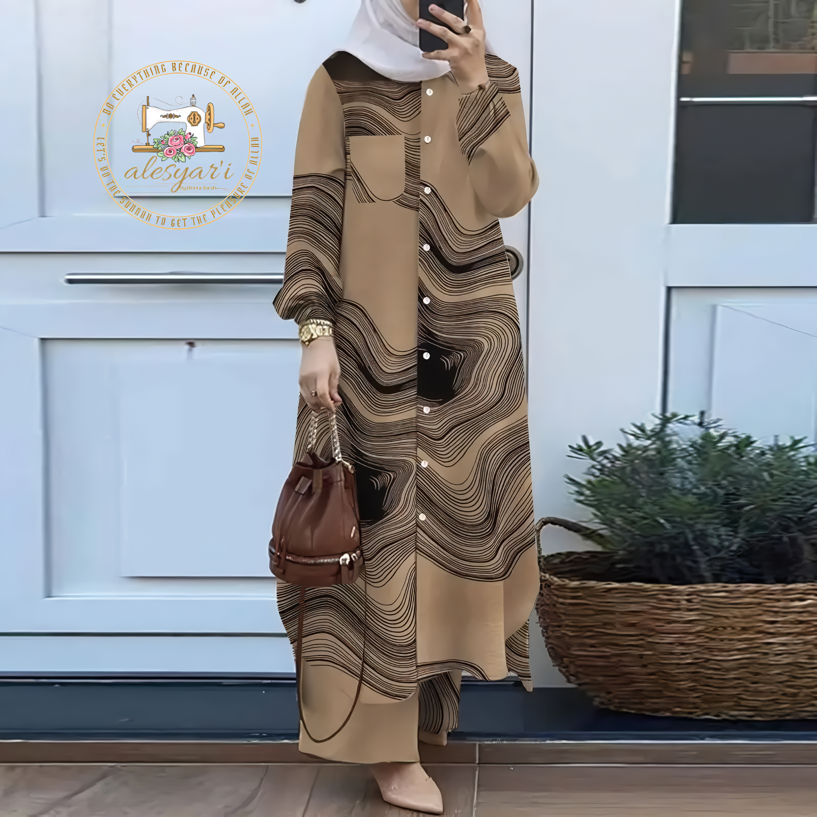 Alesyari Shop I Chic Muslim Fashion: Eid Mubarak 2-Piece Abaya Ensemble with Loose Pants, Long Sleeve Button Blouse, and Vintage Print