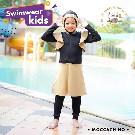 Alesyari Shop I Original Muslimah Swimwear for Kids Modest Swimsuit with Chest Layer and Skirt Overall Jumpsuit