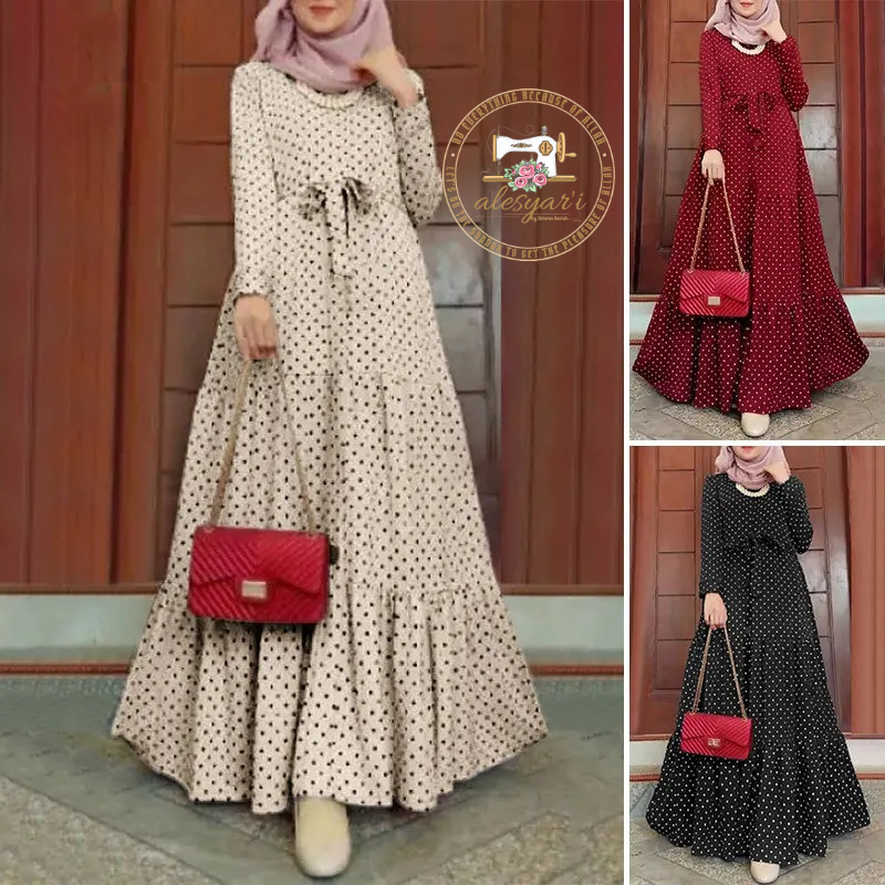 Alesyari Shop I Eid Elegance: Abaya Long Robe with Dots Dress and Kaftan - Perfect Evening Attire for Muslim Women during Ramadan in Arab-Islamic Fashion