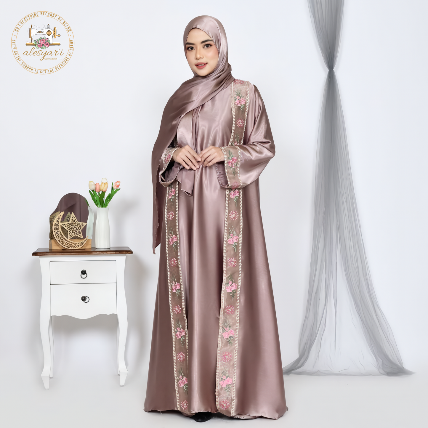 Alesyari Shop I Silk Abaya Dubai Luxury Beaded Kimono Muslim Pink Abayas for Women Turkey Moroccan Kaftan Wedding Party Dress Islamic Clothing