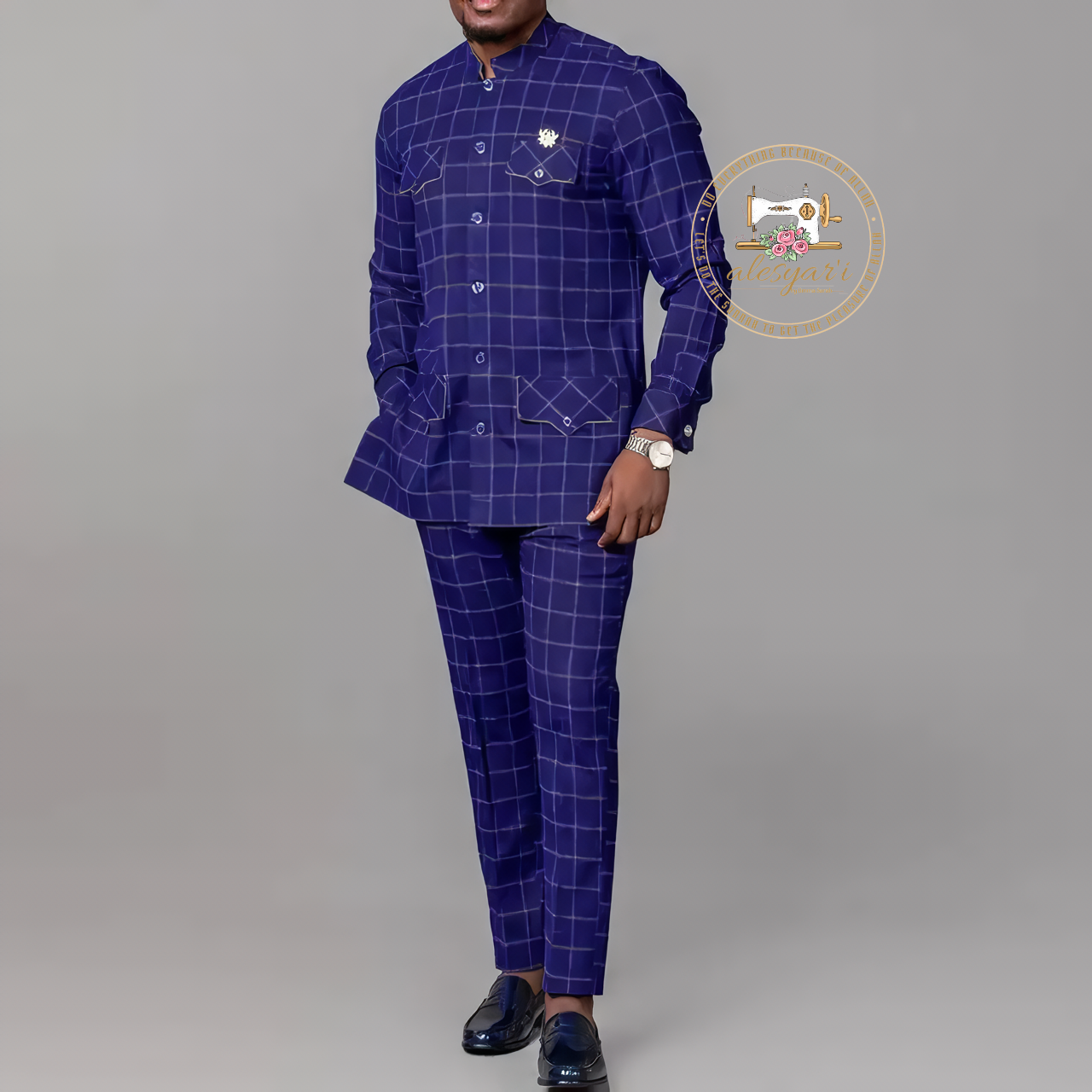 Alesyari Shop I Stylish African-inspired Men's Suit: Single-Breasted Plaid Stripe Ensemble with Matching Pants