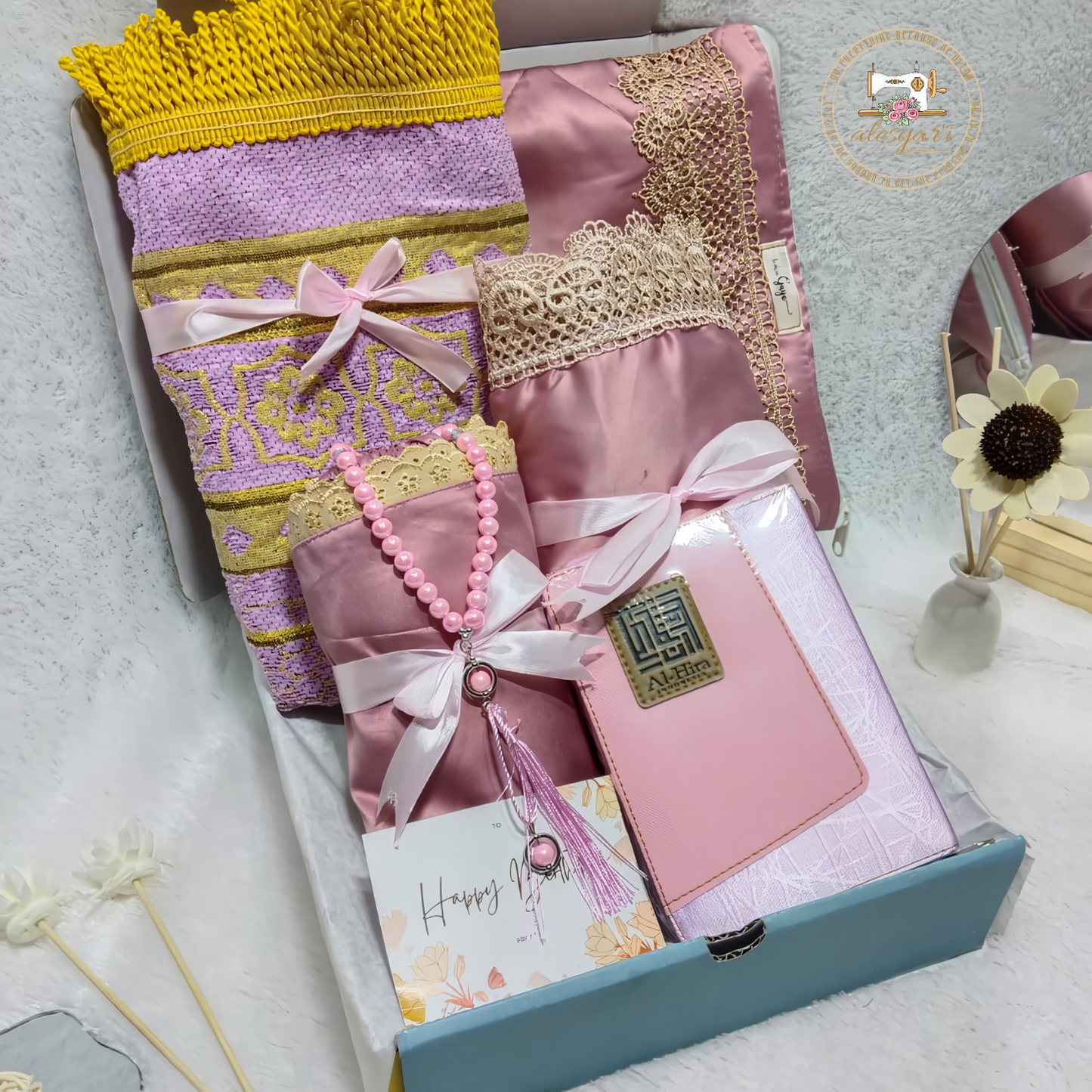 Alesyari Shop I Complete Prayer Equipment / Al-Qur'an Islamic Prayer Dress Hampers and Prayer Mat Set / Gift Box Quran Islamic Prayer Dress and Beads / Islamic Prayer Dress Prayer Mat