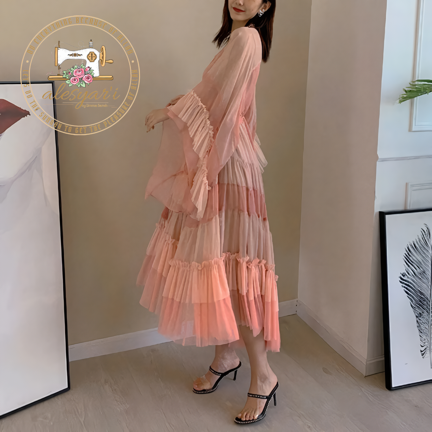 Alesyari Shop I New Summer 2023 Pink Cake Dress: Elegant Fashion with Striped Flare Sleeves, Waist Tie, and Beach-Style