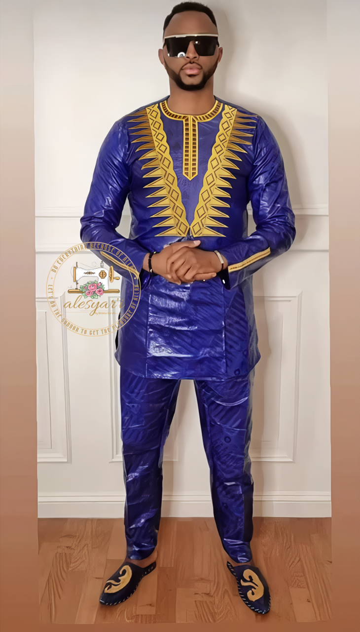 Alesyari Shop I Traditionally Inspired: Blue Embroidered 2-Piece Set for Men – Bazin Top and Pants Perfect for Muslim Wedding Parties and Dashiki Events