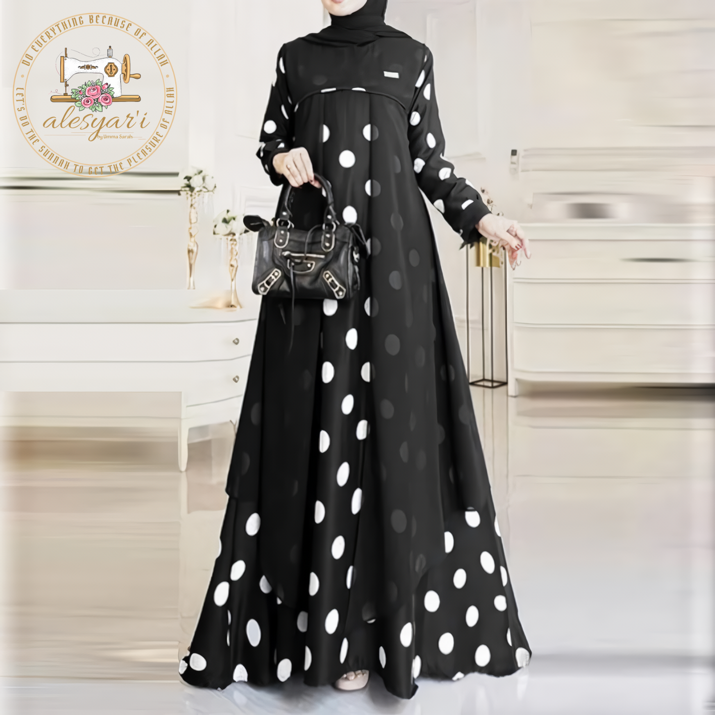 Alesyari Shop I Women Muslim Polka Dots Printed Dress Elegant O-Neck Long Sleeve Sundress Casual Loose Robe Femme Turkey Abaya