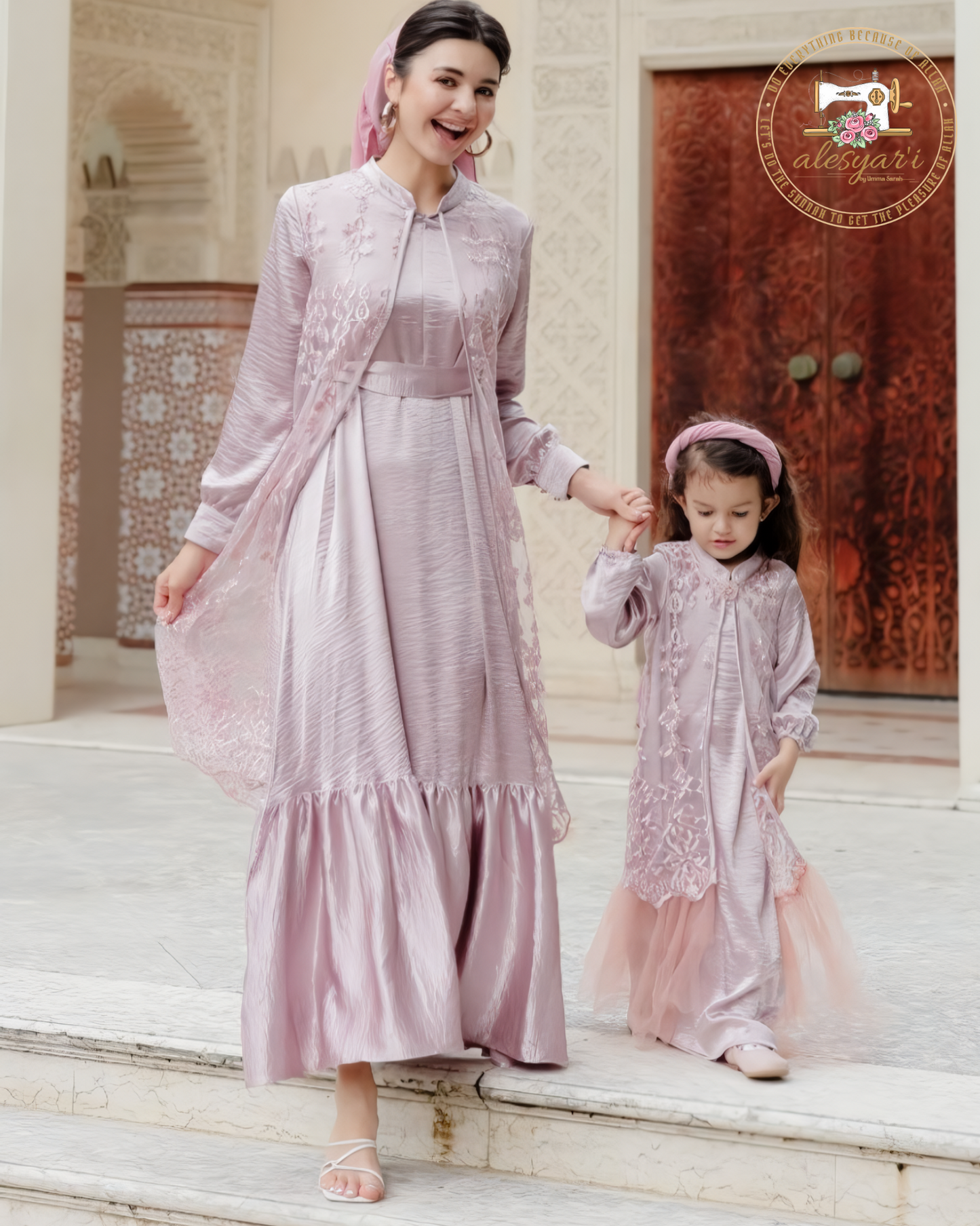 Fashion Family Matching Clothes Mother Daughter Dresses Sage Green Rose Gold Abaya Kids Mom