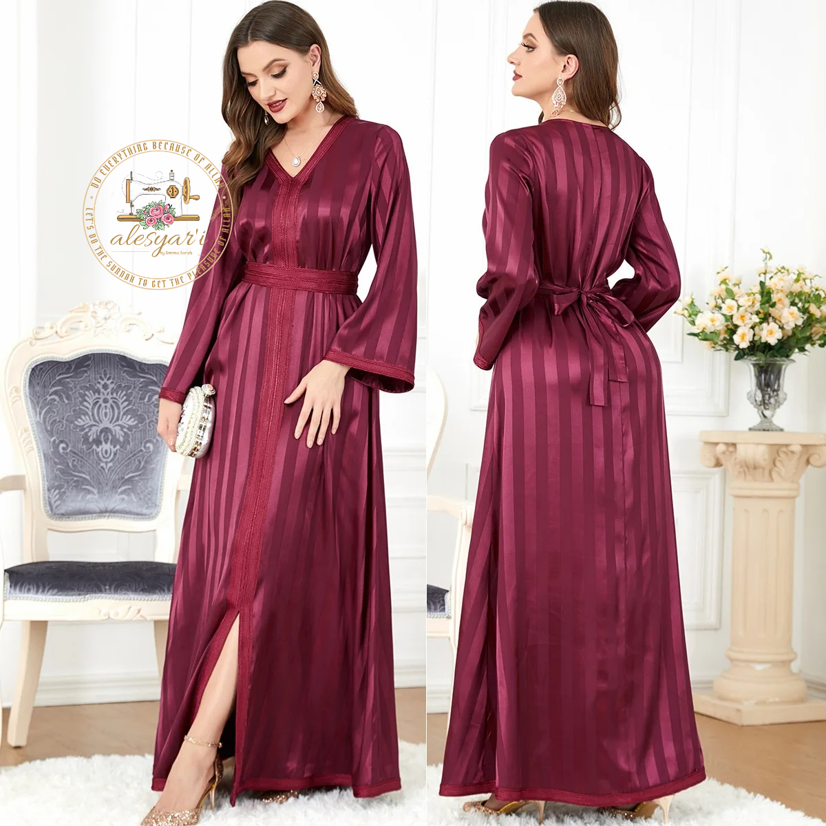 Alesyari Shop I Elegant Muslim Evening Dress: V-neck Ramadan Abaya with Long Sleeves - Perfect for Wedding and Sophisticated Female Clothing