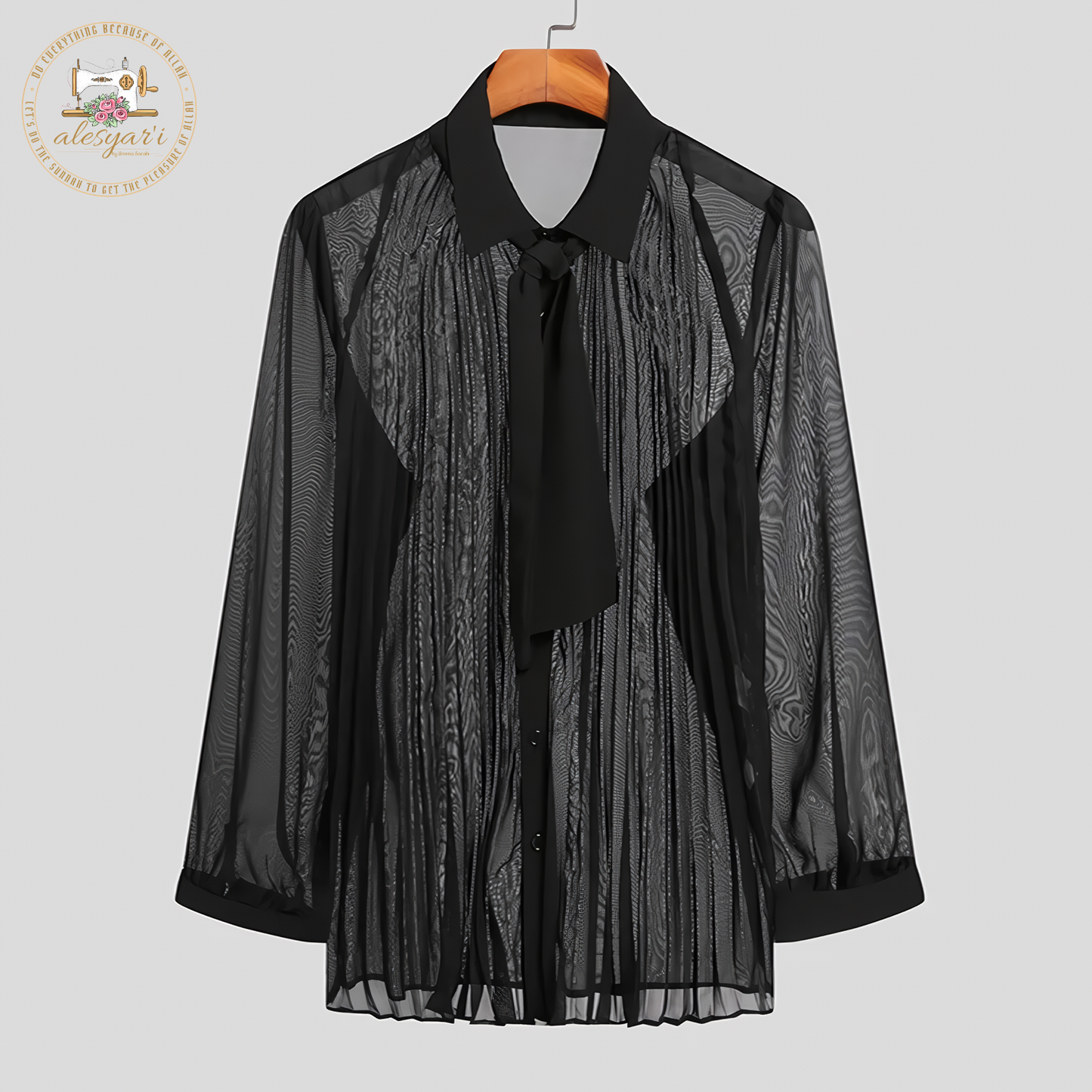 Alesyari Shop I Men Sexy Shirt Mesh See Through Lapel Long Sleeve With Tie Streetwear 2024 Pleated Solid Party Men Clothing 5XL