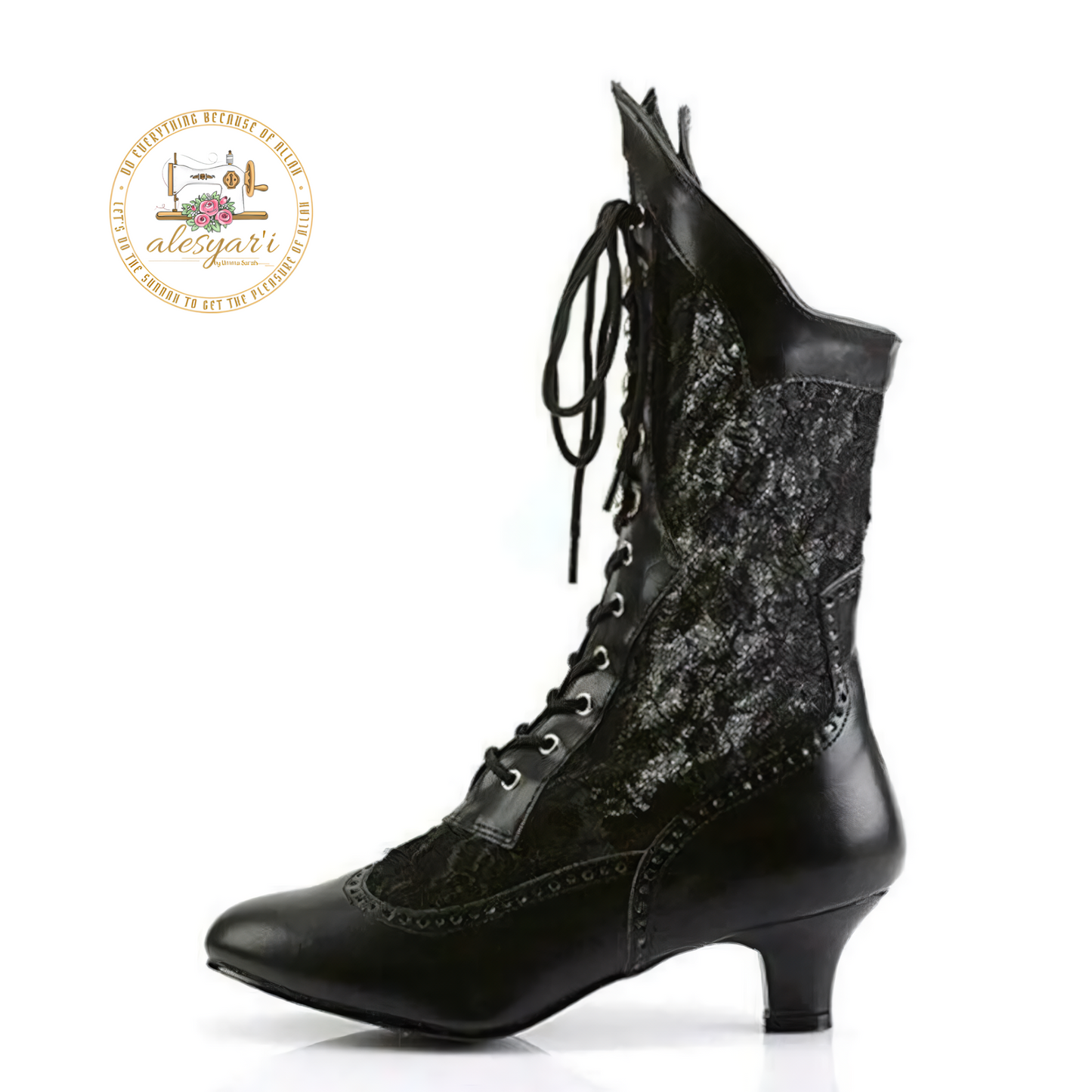 Alesyari Shop I Chic Rebellion: Pointed Toe Mid-Calf Leather Boots for Women with Lace Hollow Out, Punk Lace-Up Style, and Uniquely Strange High Heels