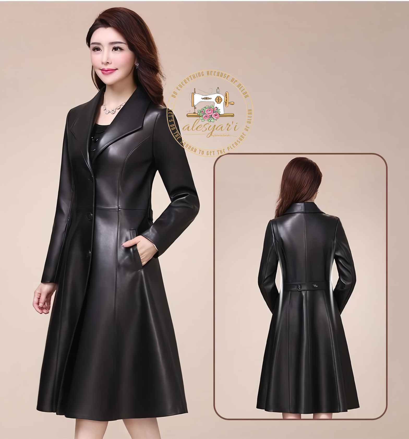 Alesyari Shop I Elegance Unveiled: Embrace Spring and Autumn in Our Long Black Soft Faux Leather Coat – A Stunning Jacket for Women