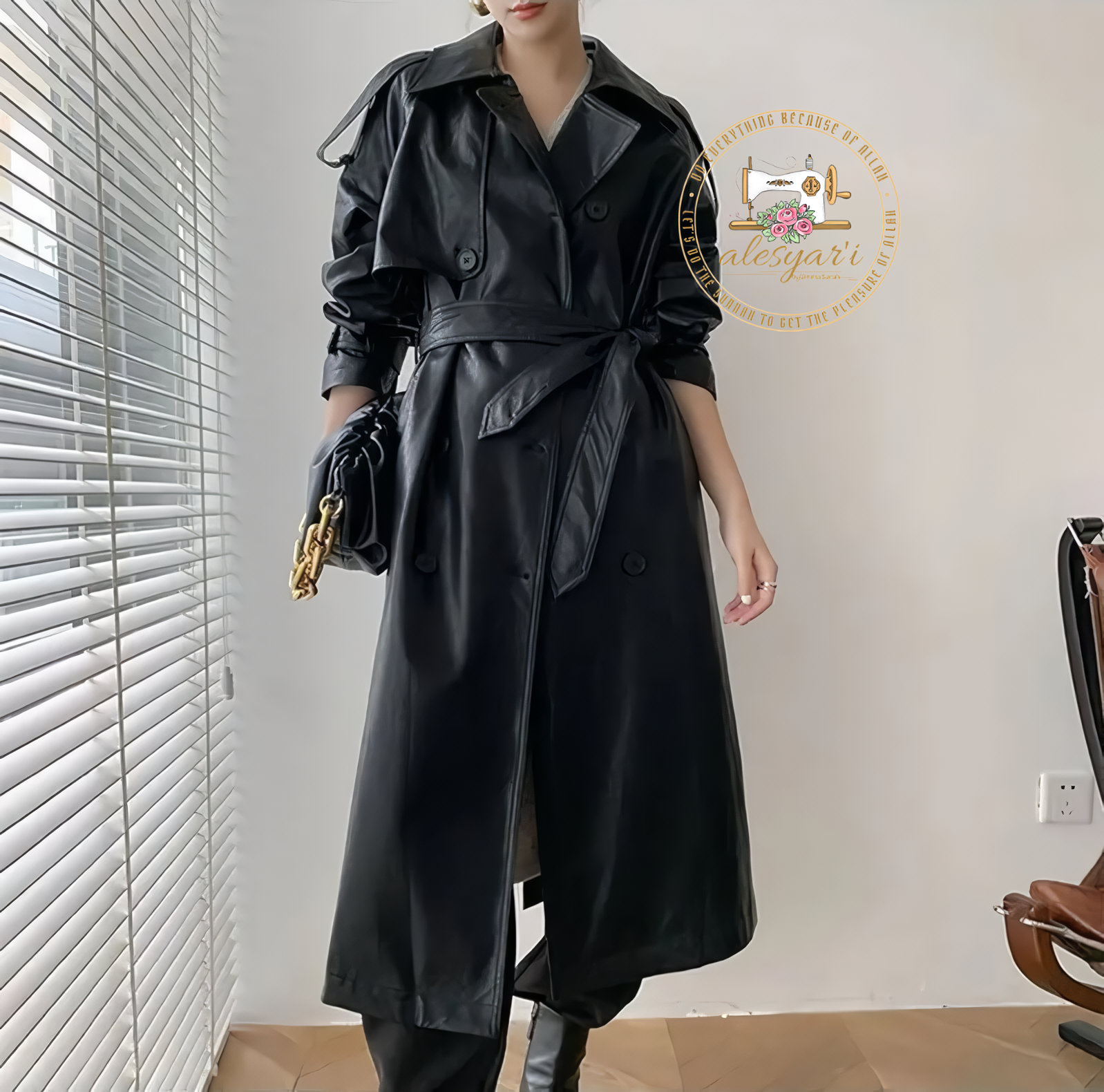 Alesyari Shop I Chic Double-Breasted Leather Long Coat with Belt and Long Sleeves for Women