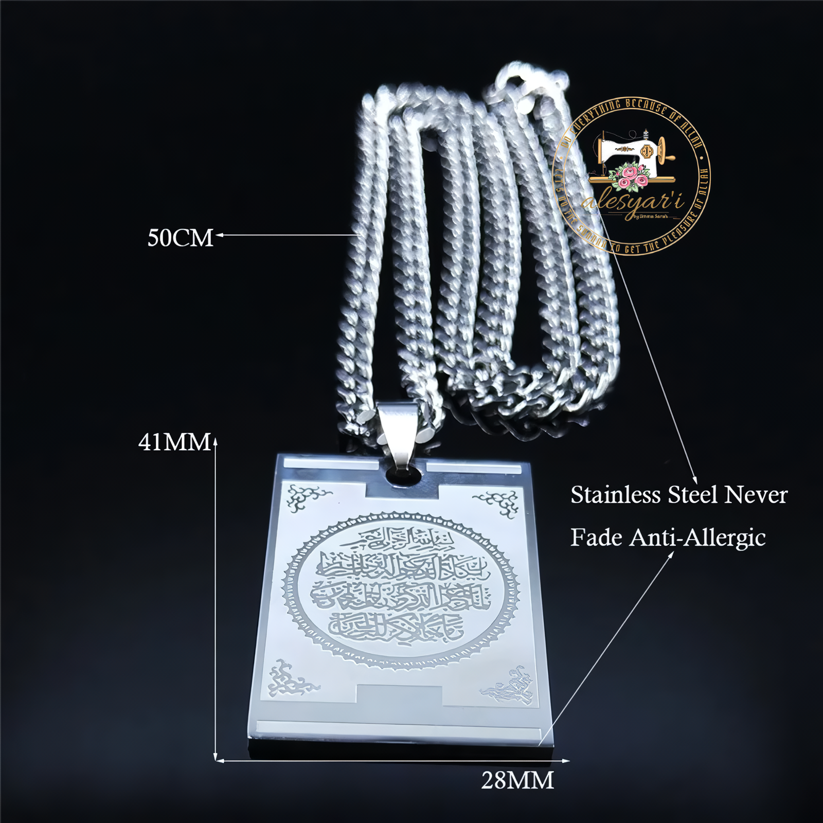 Alesyari Shop I Exquisite Stainless Steel Arabic Quran Necklace: Elegant Islamic Jewelry for Men, a Symbol of Faith in Allah