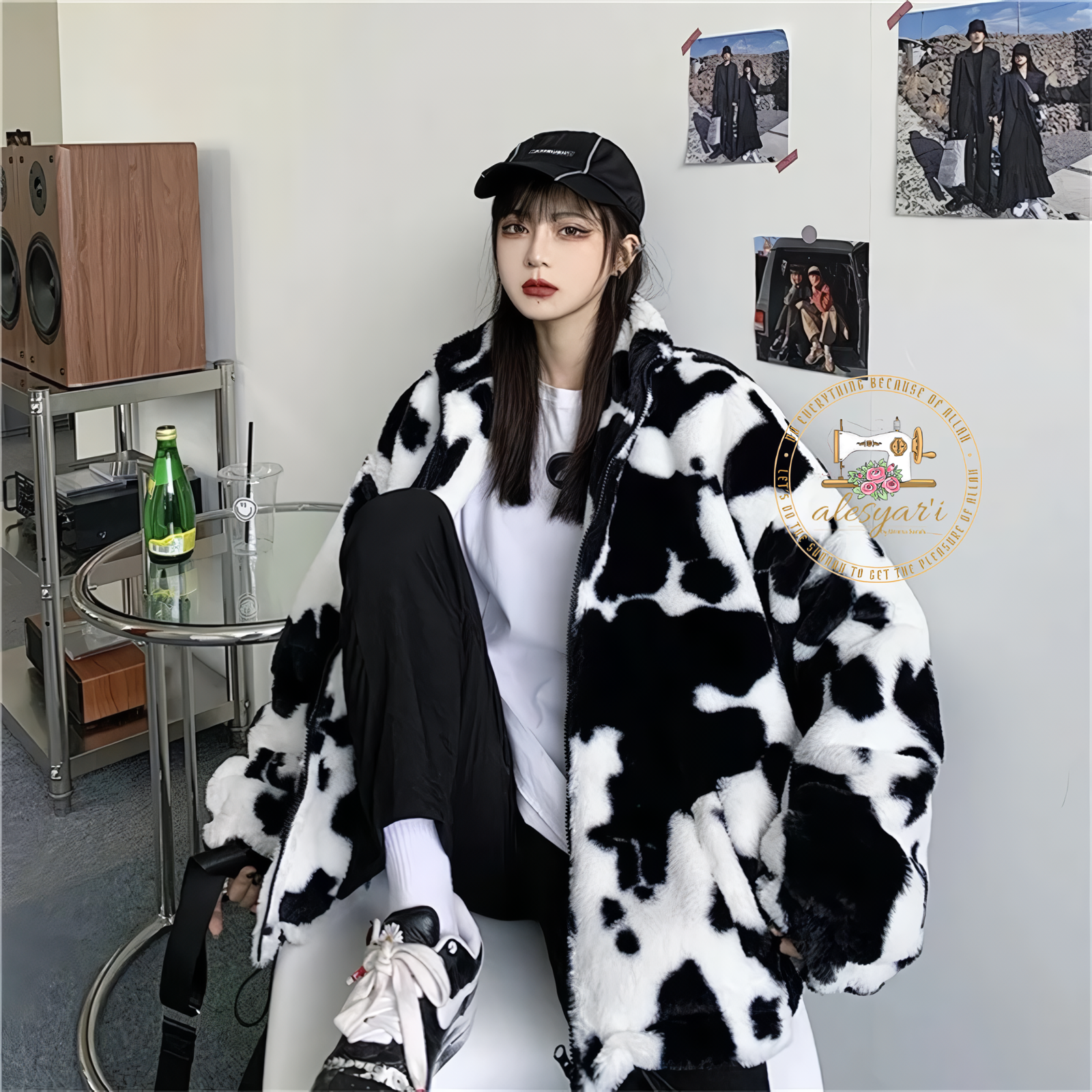 Alesyari Shop I Winter Elegance :  into Style with Our Leather Jacket, Showcasing Playful Cow Prints and in Harajuku Chic