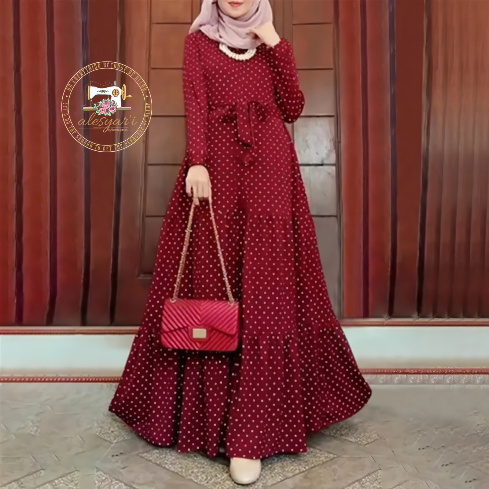 Alesyari Shop I Eid Elegance: Abaya Long Robe with Dots Dress and Kaftan - Perfect Evening Attire for Muslim Women during Ramadan in Arab-Islamic Fashion