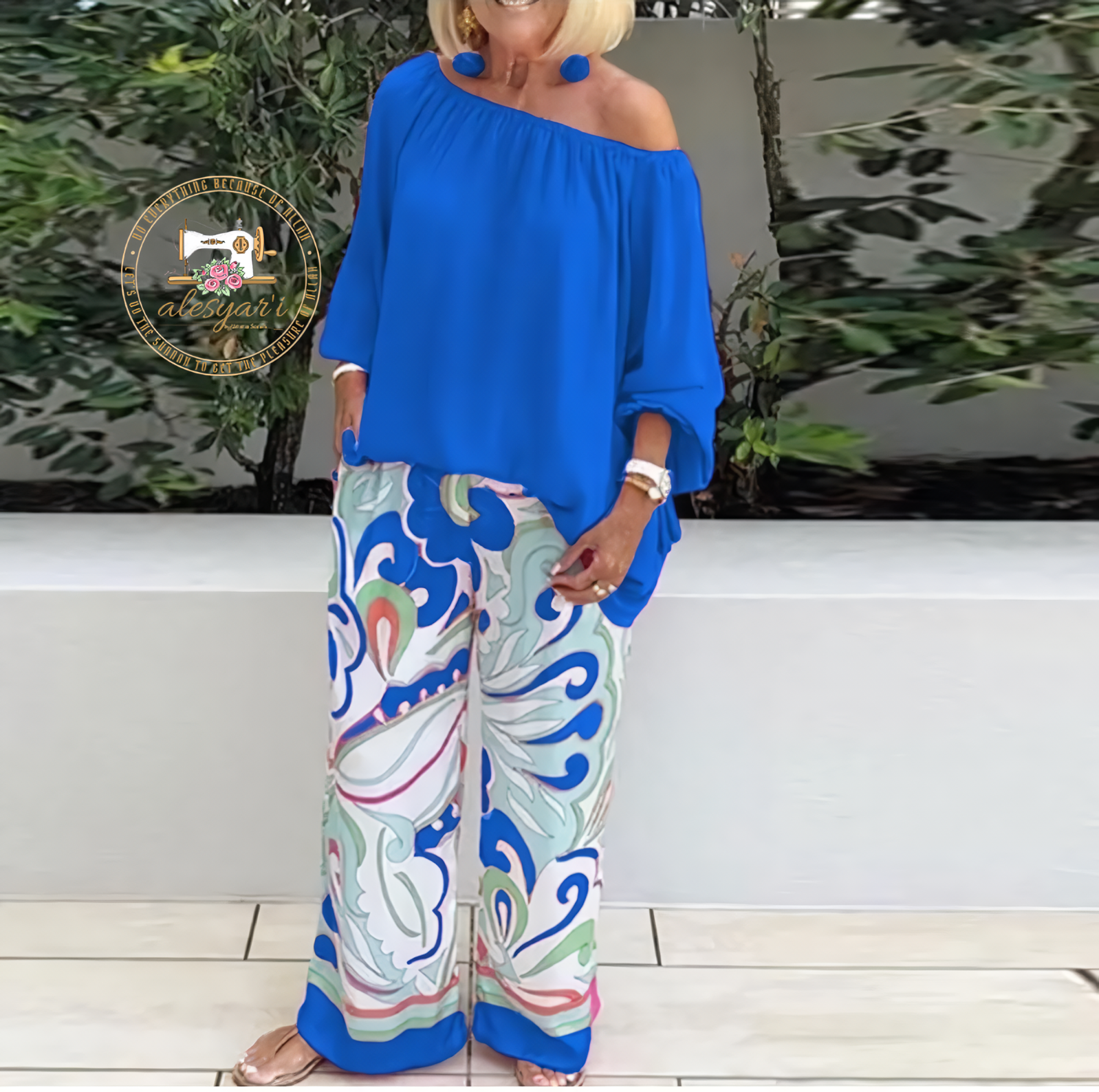 Alesyari Shop I Chic Prints Ensemble: Women's Sexy Off-Shoulder Tops and Wide-Leg Pants Set – Autumn Casual Elegance for Stylish Holiday Outfits