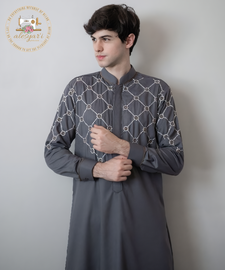 Alesyari Shop I Men's Embroidered Jubba Thobe Kaftan: Traditional Elegance