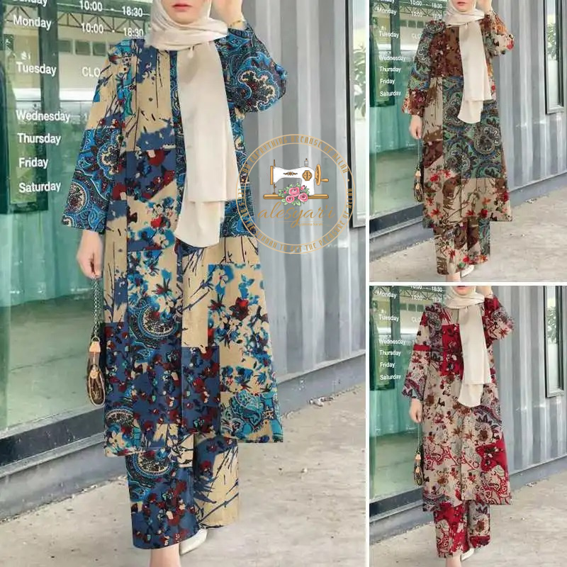 Alesyari Shop I Timeless Elegance : 2PCS Women's Islamic Clothing Sets with Vintage Floral Printed Long Tops and Pants Suits